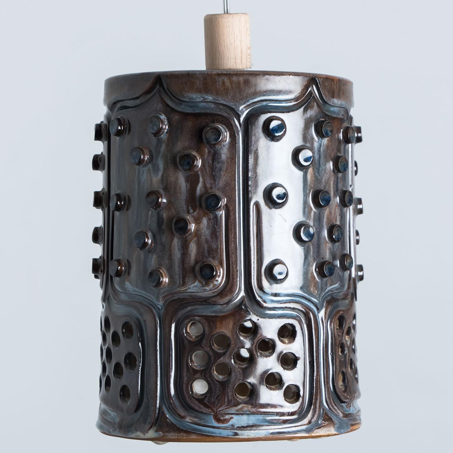 Danish Cylinder Brown Ceramic Pendant Light, Denmark, 1970 For Sale