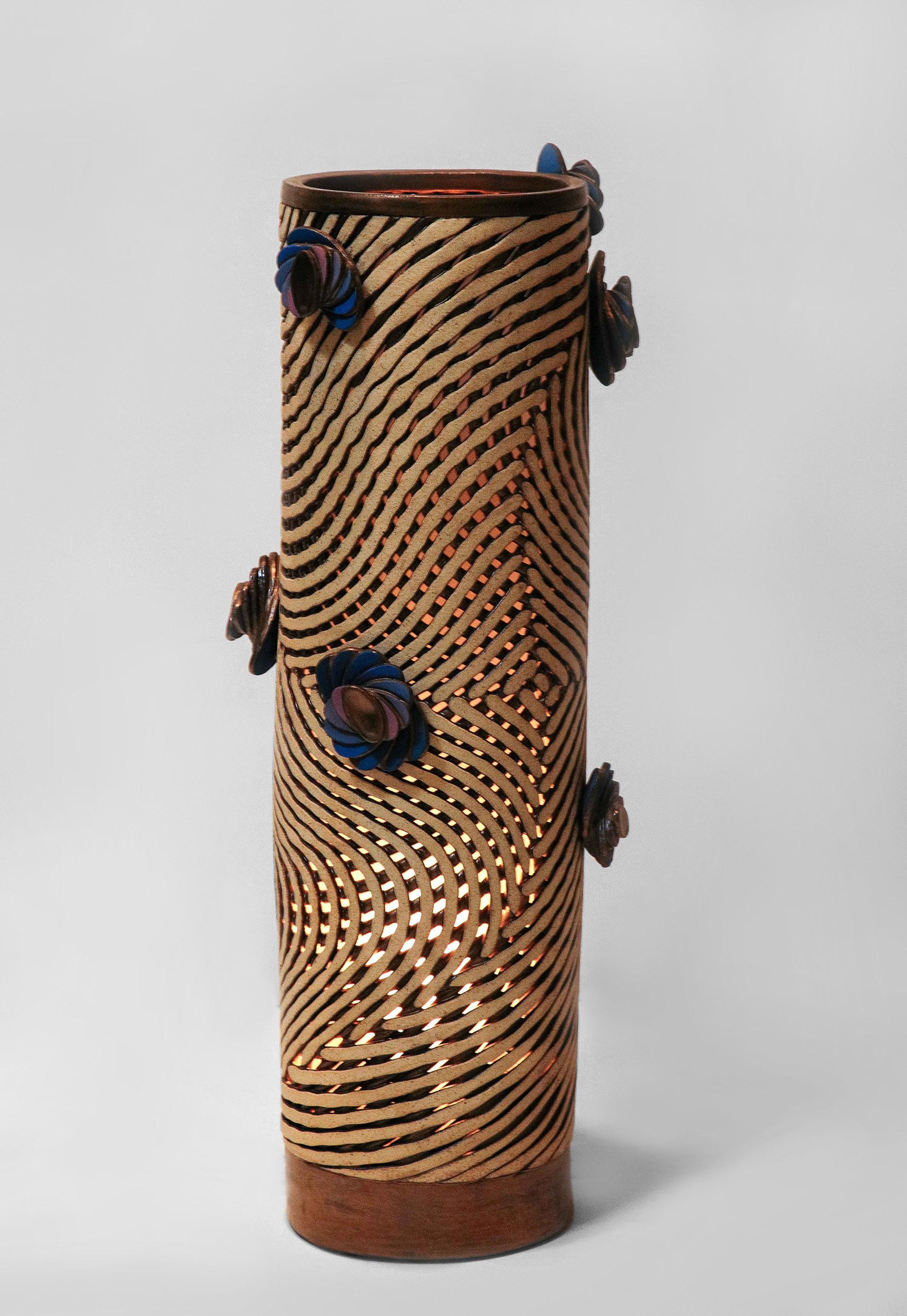 Hand-Painted Cylinder Column Lamp by Colleen Carlson For Sale