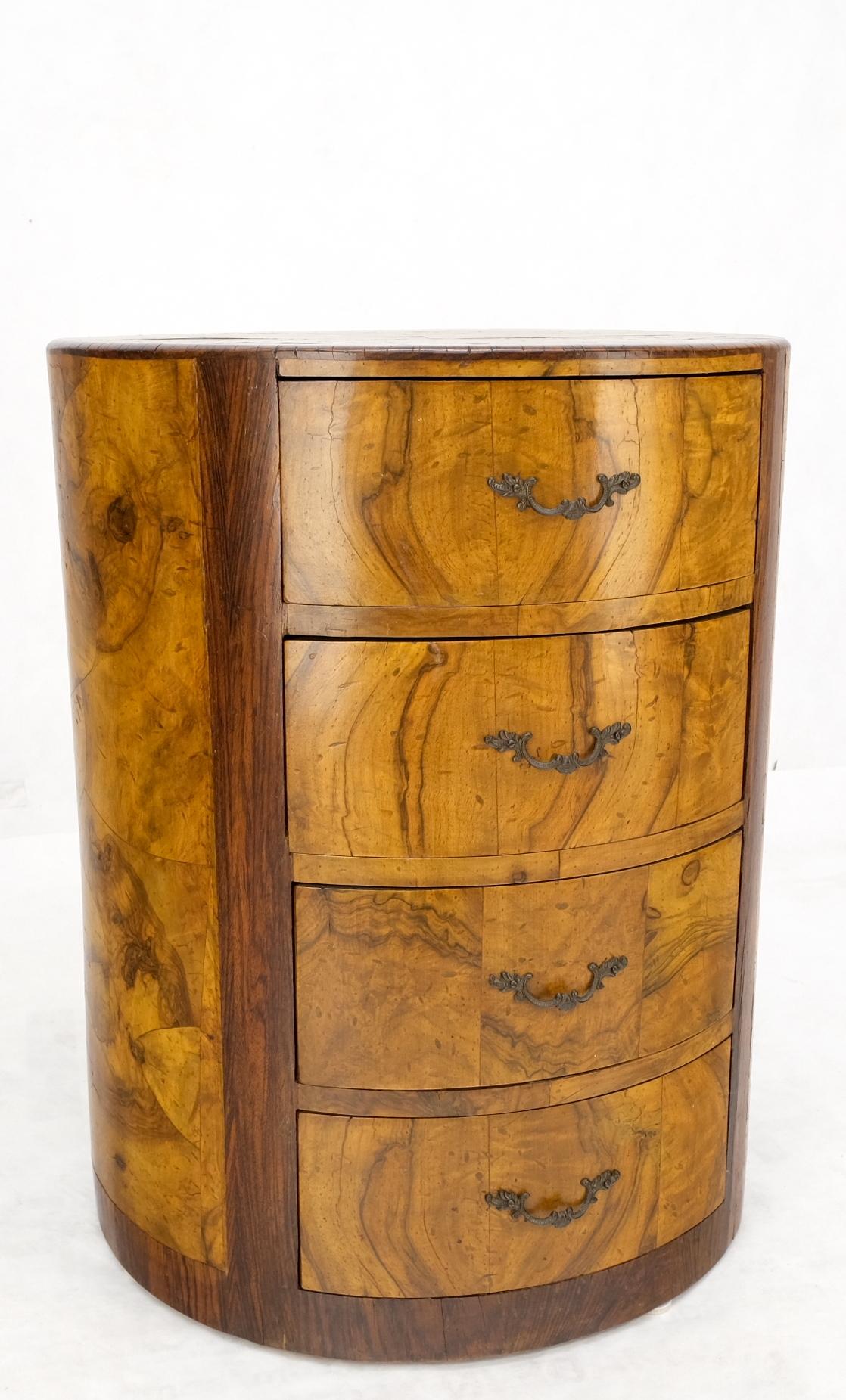 Cylinder Drum Shape 4 Drawers Italian Burl Olive Wood Small Dresser Stand Table  For Sale 1
