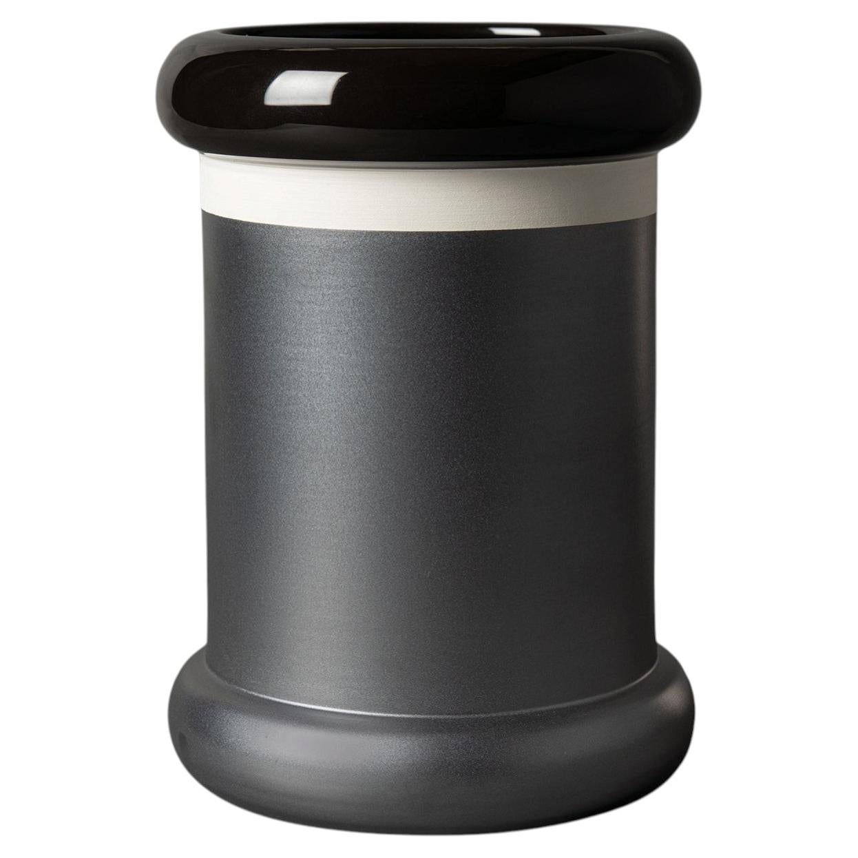 Cylinder Gray and Black Ceramic Vase by Ettore Sottsass For Sale