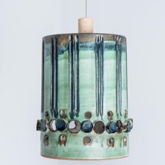 Cylinder Green Turquoise Ceramic Pendant Light, Denmark, 1970