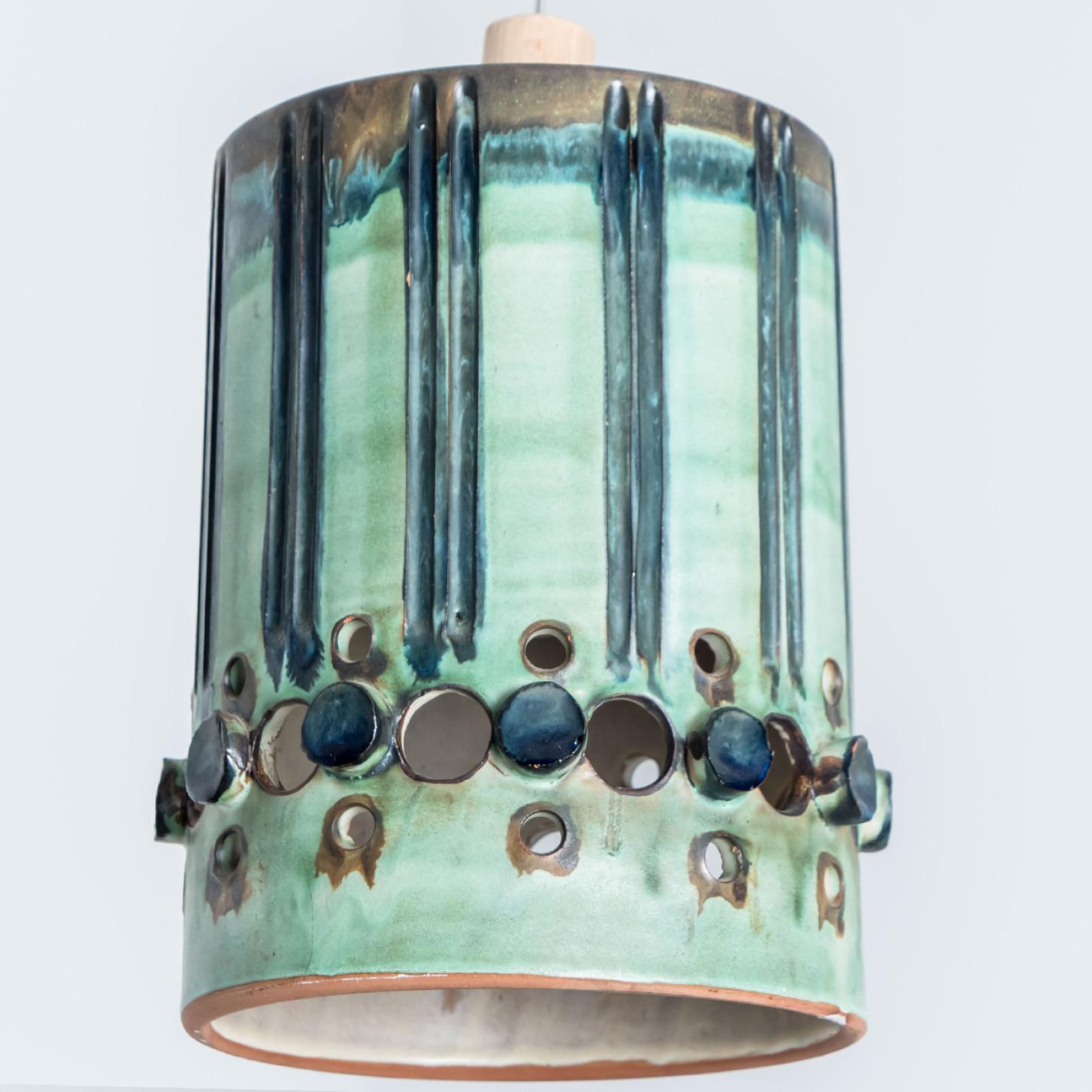 Cylinder Green Turquoise Ceramic Pendant Light, Denmark, 1970 In Good Condition For Sale In Rijssen, NL