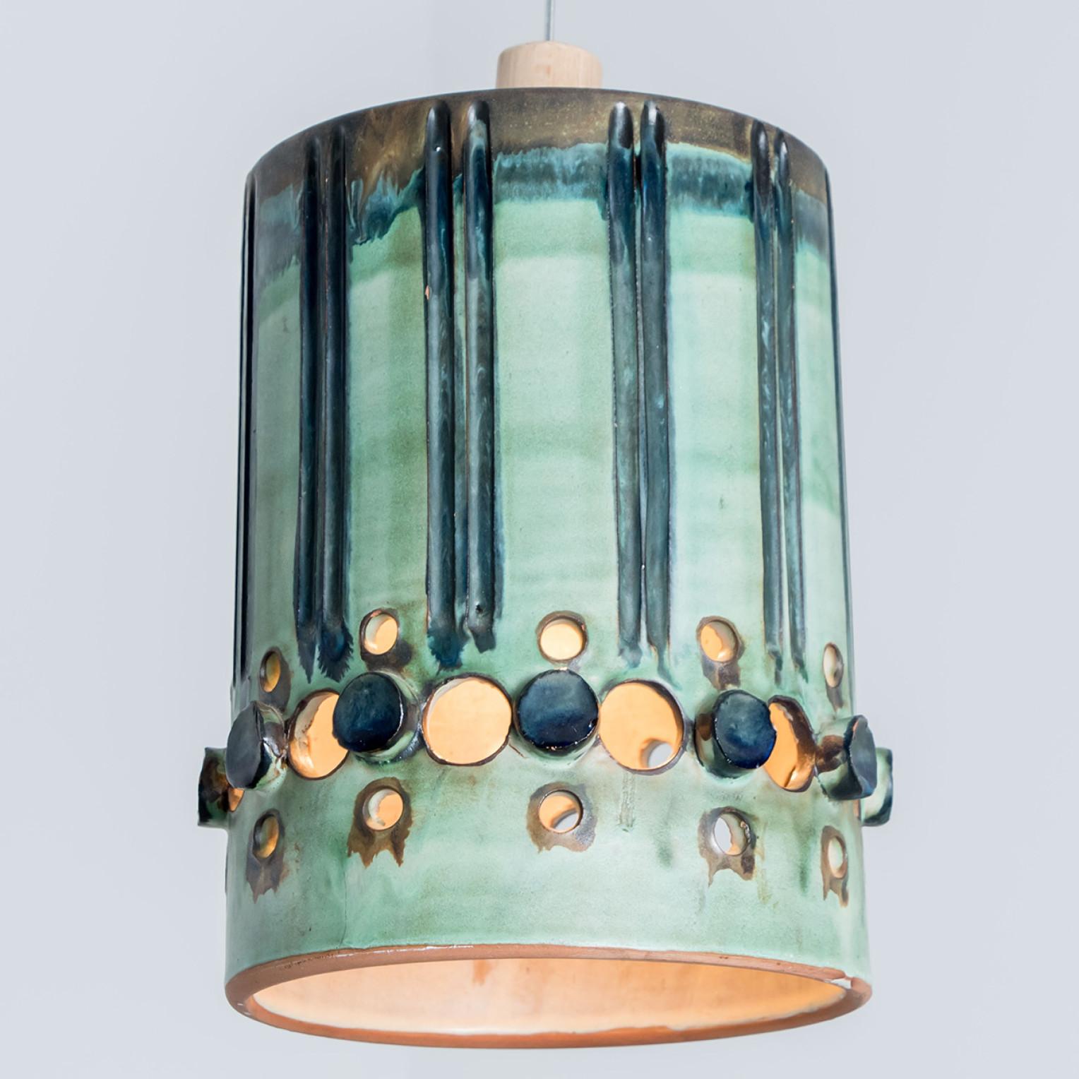 Late 20th Century Cylinder Green Turquoise Ceramic Pendant Light, Denmark, 1970 For Sale