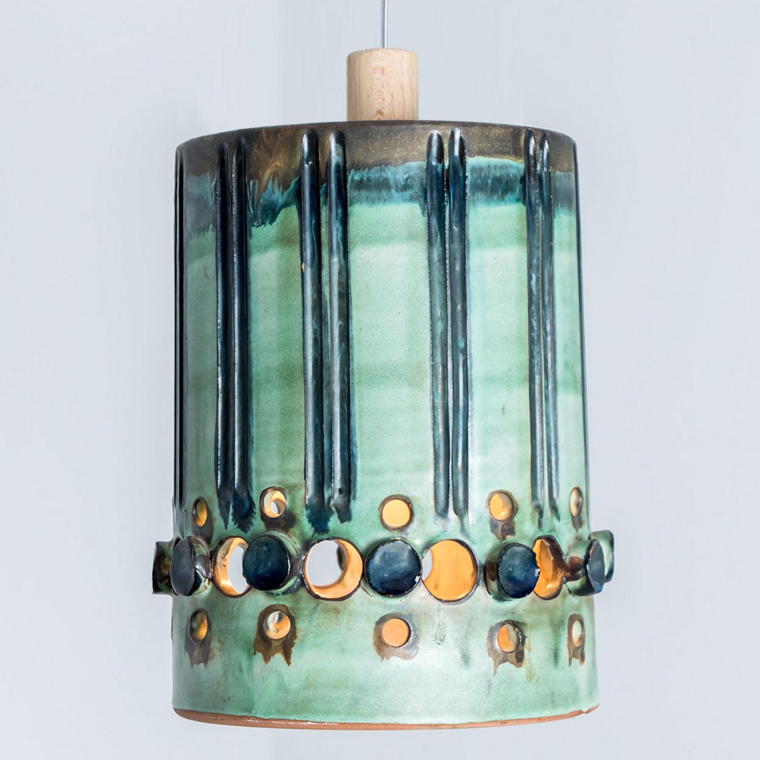 Cylinder Green Turquoise Ceramic Pendant Light, Denmark, 1970 For Sale 2