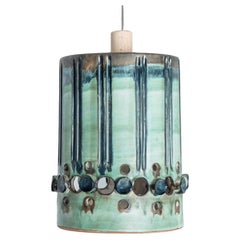 Cylinder Green Turquoise Ceramic Pendant Light, Denmark, 1970