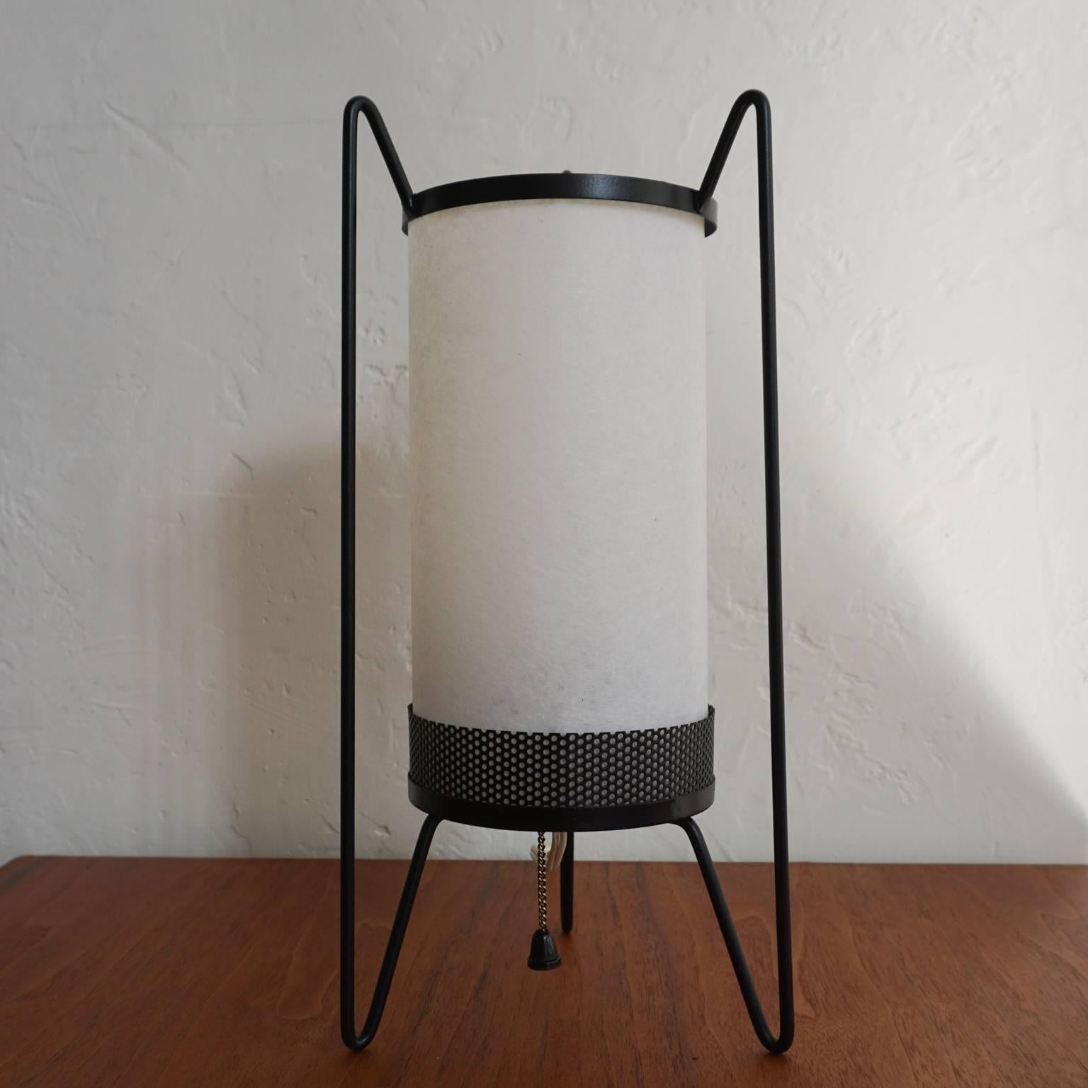 Metal frame cylinder lamp with fiberglass shade. Three hairpin legs, 1950s.