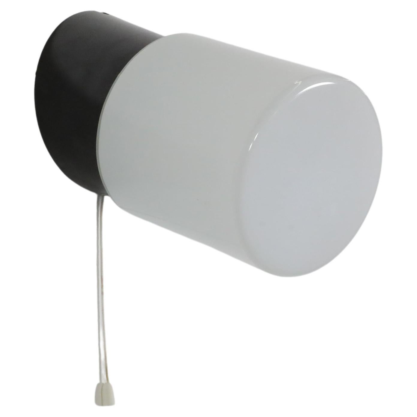 Cylinder Milk Glass Sconce with Black Bakelite Base and Pull String Switch For Sale