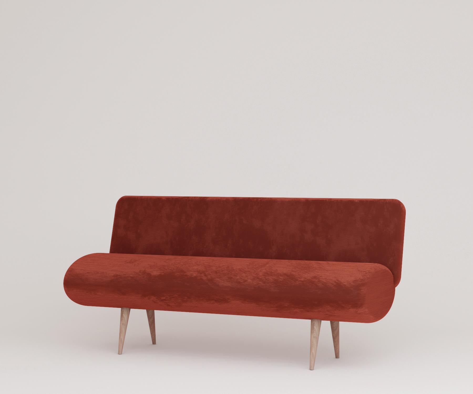 The cylinder sofa was inspired by the 60s style and made from mohair velvet
with walnut legs.

Dimension. W 145 x D 50 x H 45 cm
Material. Mohair velvet, walnut legs.
  