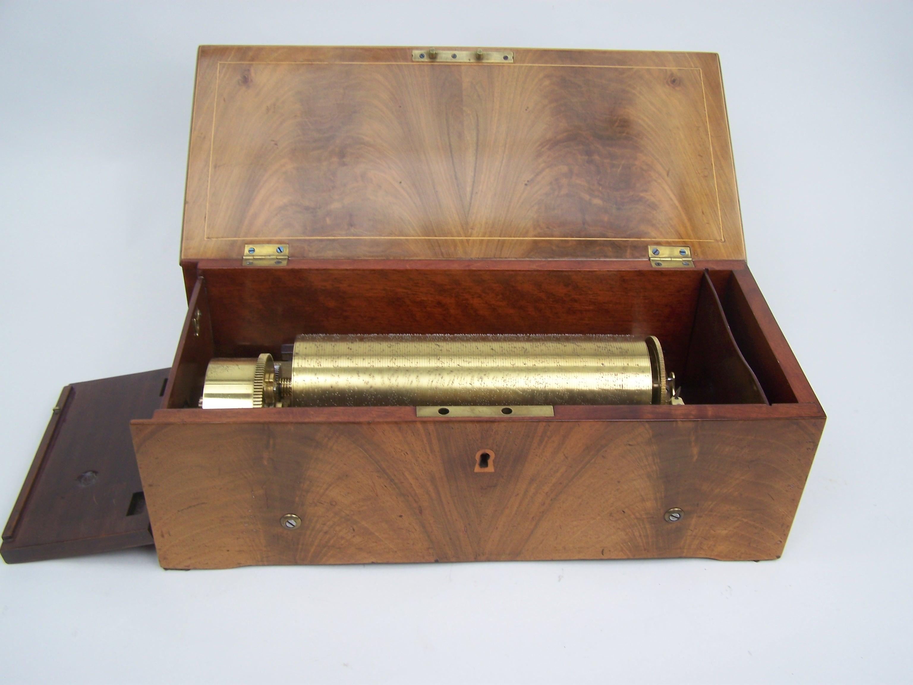 Frühe Fad-Zylinder-Spieldose, hergestellt in Genf von Nicole Freres. 
Dies ist ein gutes Beispiel für diese frühen Spieldosen. 
Die Mechanik hat einen Fadenzylinder und spielt 8 Melodien in einer Einstellung von 2 pro Umdrehung. Der Klang ist reich