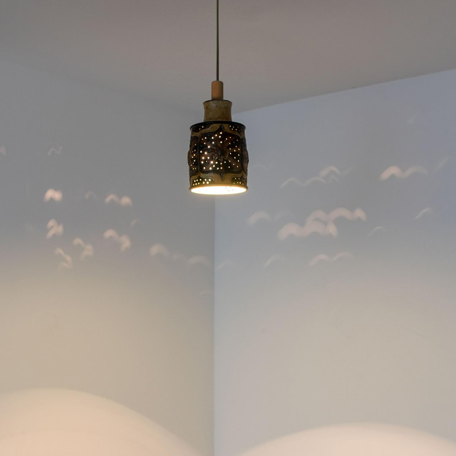 Cylinder Orange Brown Green Ceramic Pendant Light, Denmark, 1970 3
