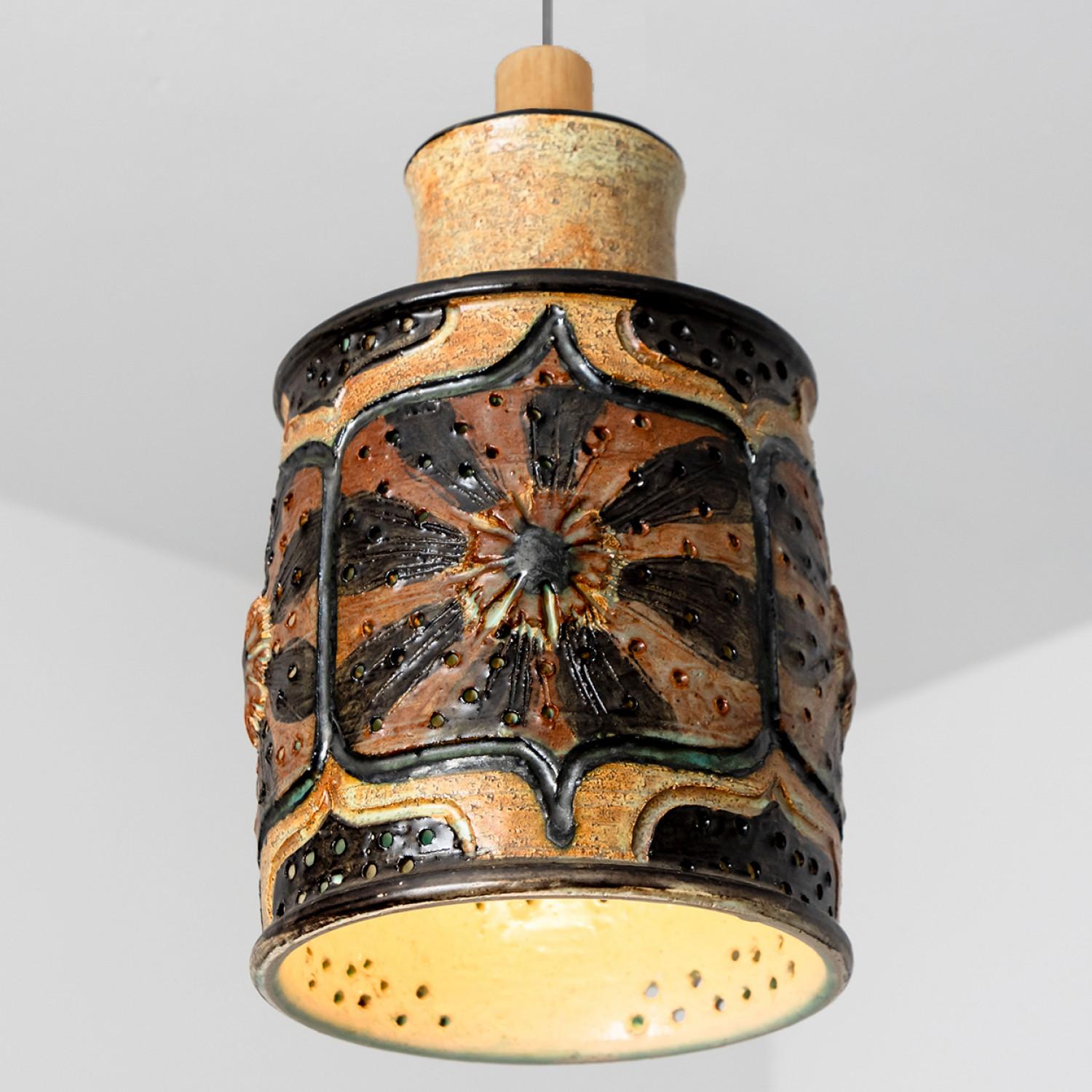 Cylinder Orange Brown Green Ceramic Pendant Light, Denmark, 1970 In Good Condition In Rijssen, NL