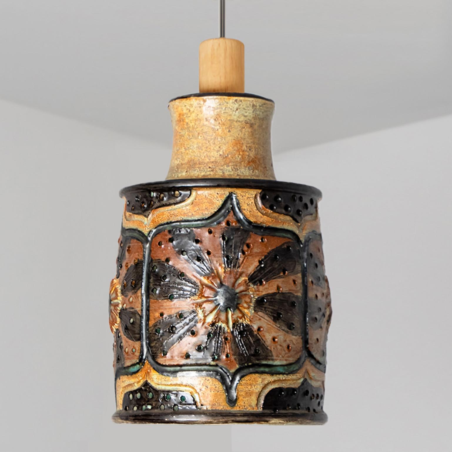 Late 20th Century Cylinder Orange Brown Green Ceramic Pendant Light, Denmark, 1970