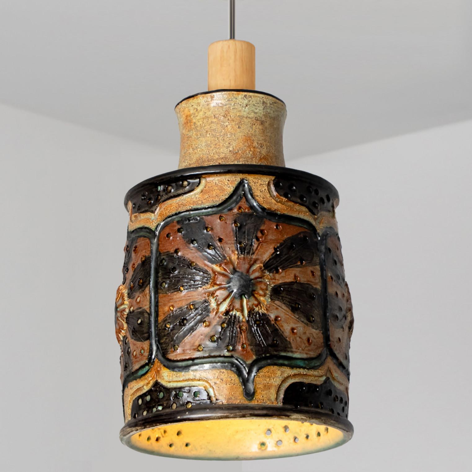 Cylinder Orange Brown Green Ceramic Pendant Light, Denmark, 1970 2