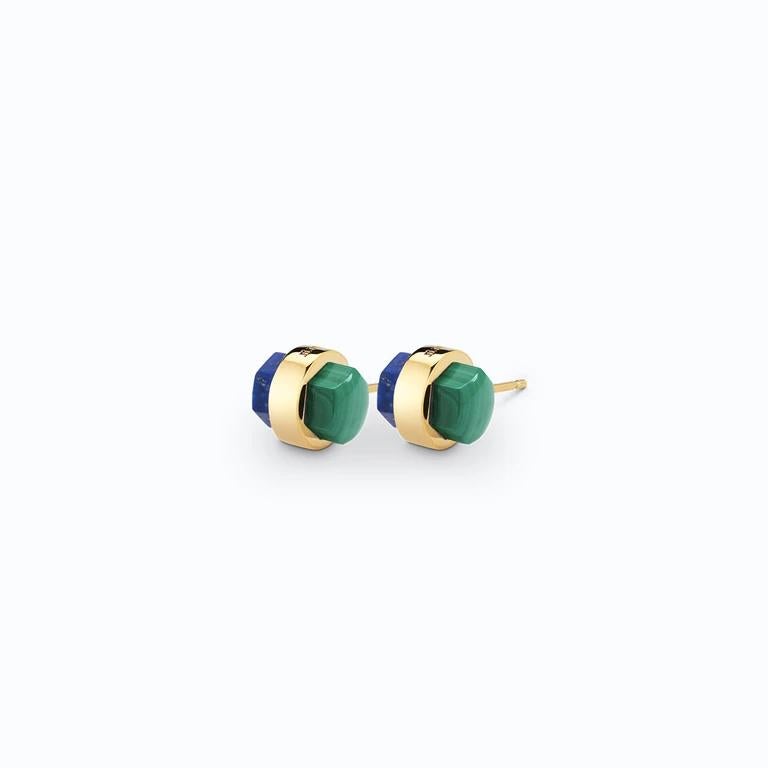 Contemporary Cylinder Studs, Yellow Silver, Lapis, Malachite  For Sale