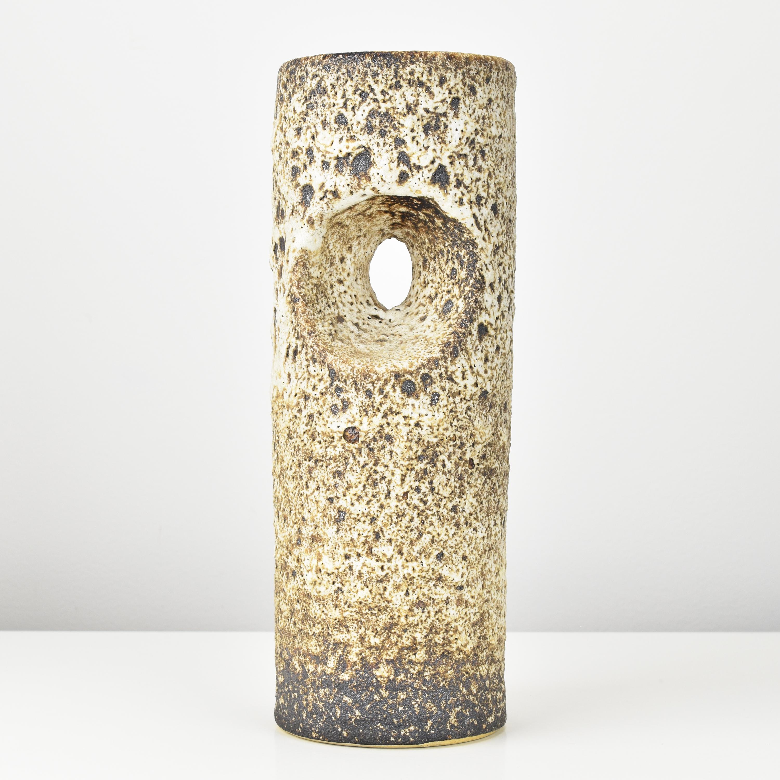 German Cylindric Handmade Brutalist Ceramic Vase Mid Century Modern Fat Lava Ikebana For Sale