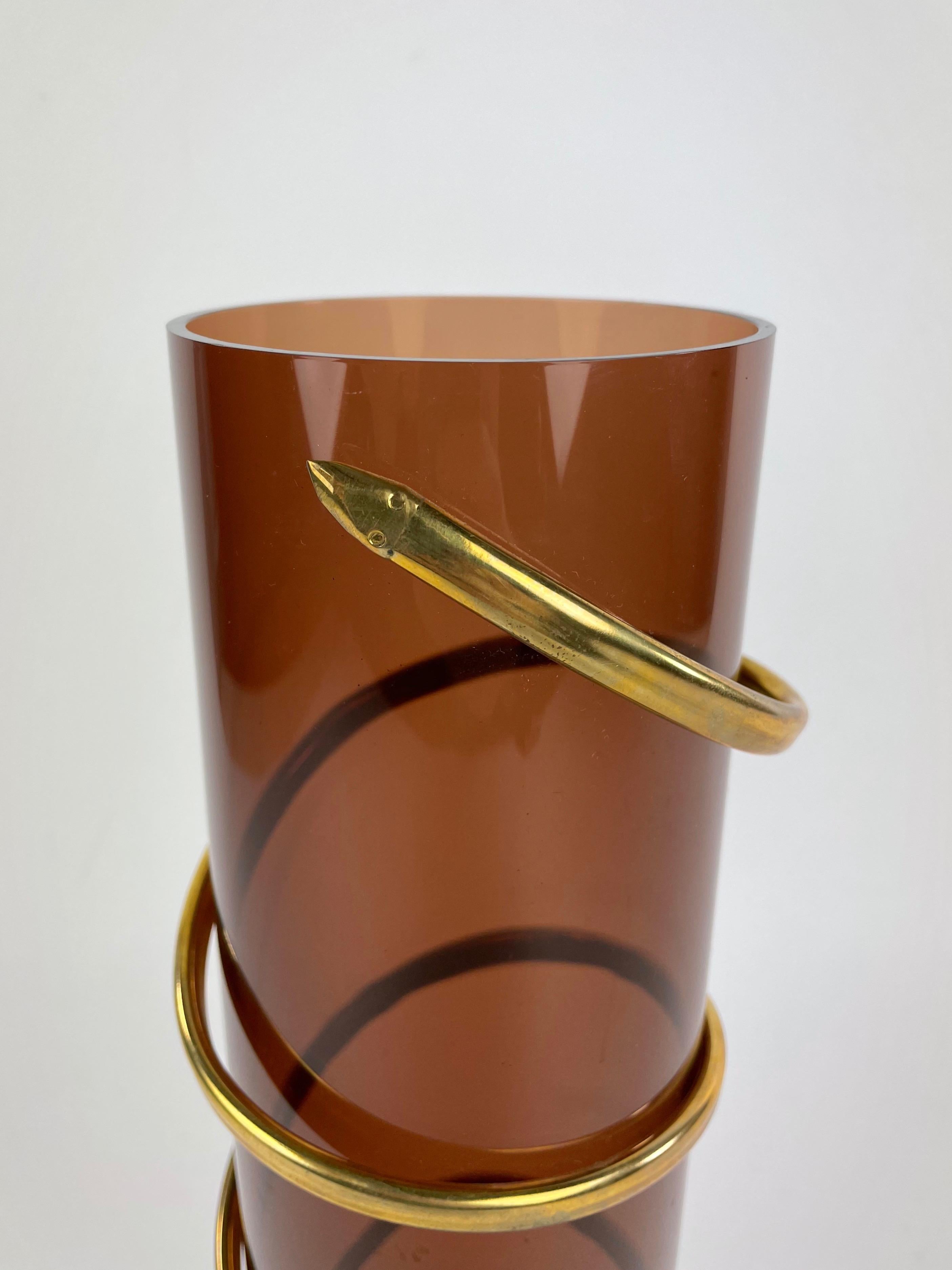 Italian Cylindric Lucite Vase with Twisted Brass Snake, Italy, 1970s For Sale