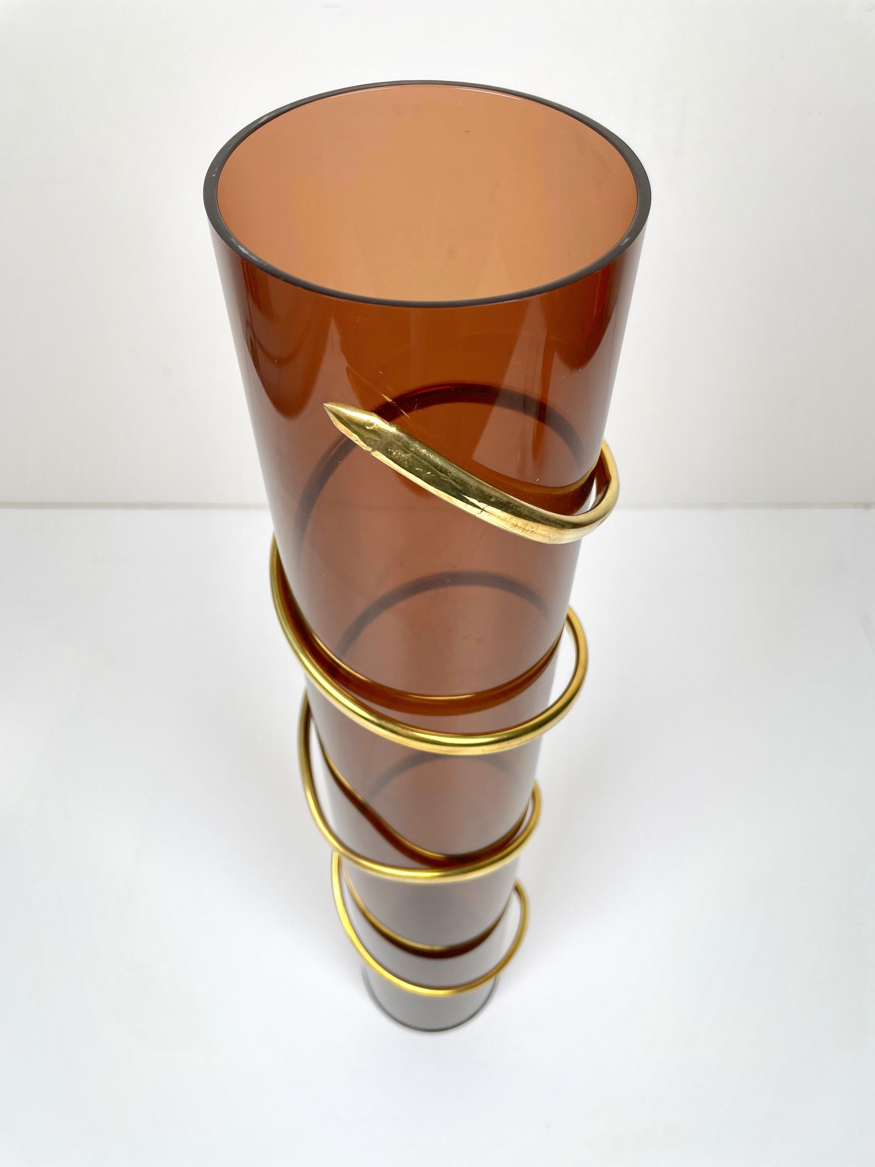 Italian Cylindric Lucite Vase with Twisted Brass Snake, Italy, 1970s For Sale