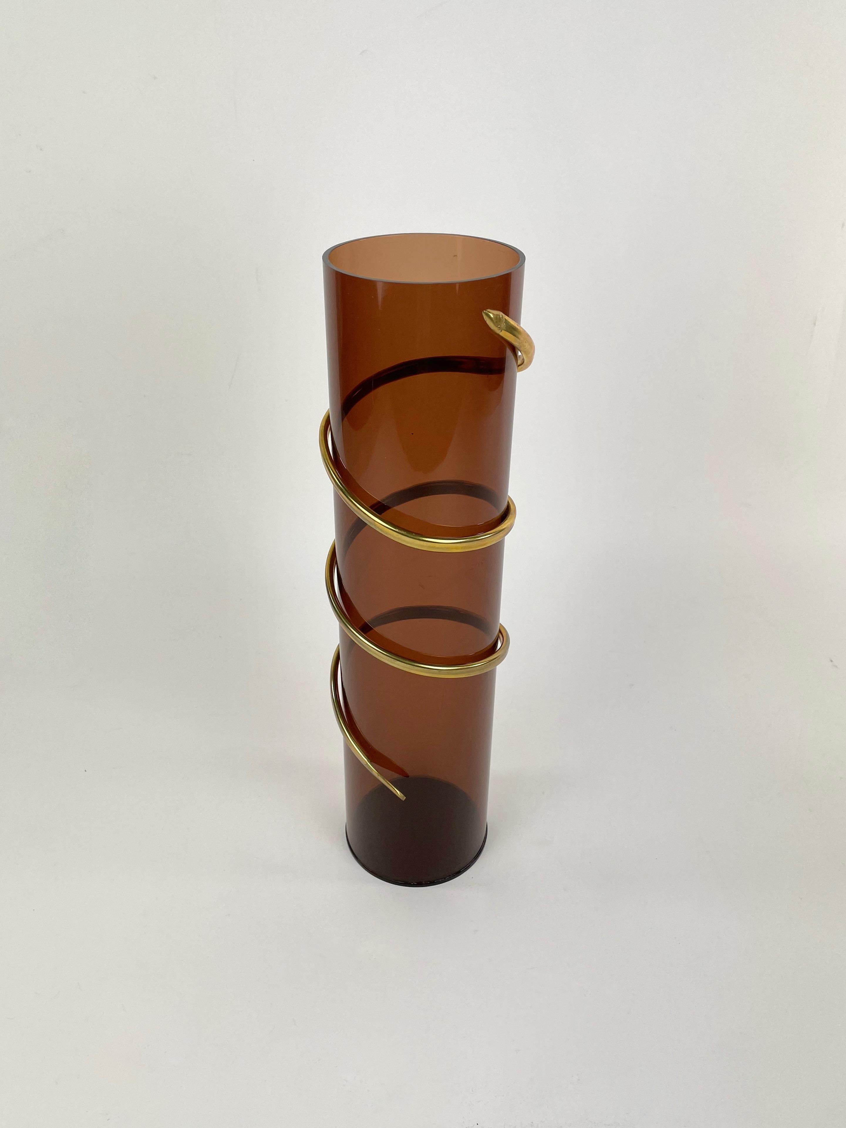 Late 20th Century Cylindric Lucite Vase with Twisted Brass Snake, Italy, 1970s For Sale