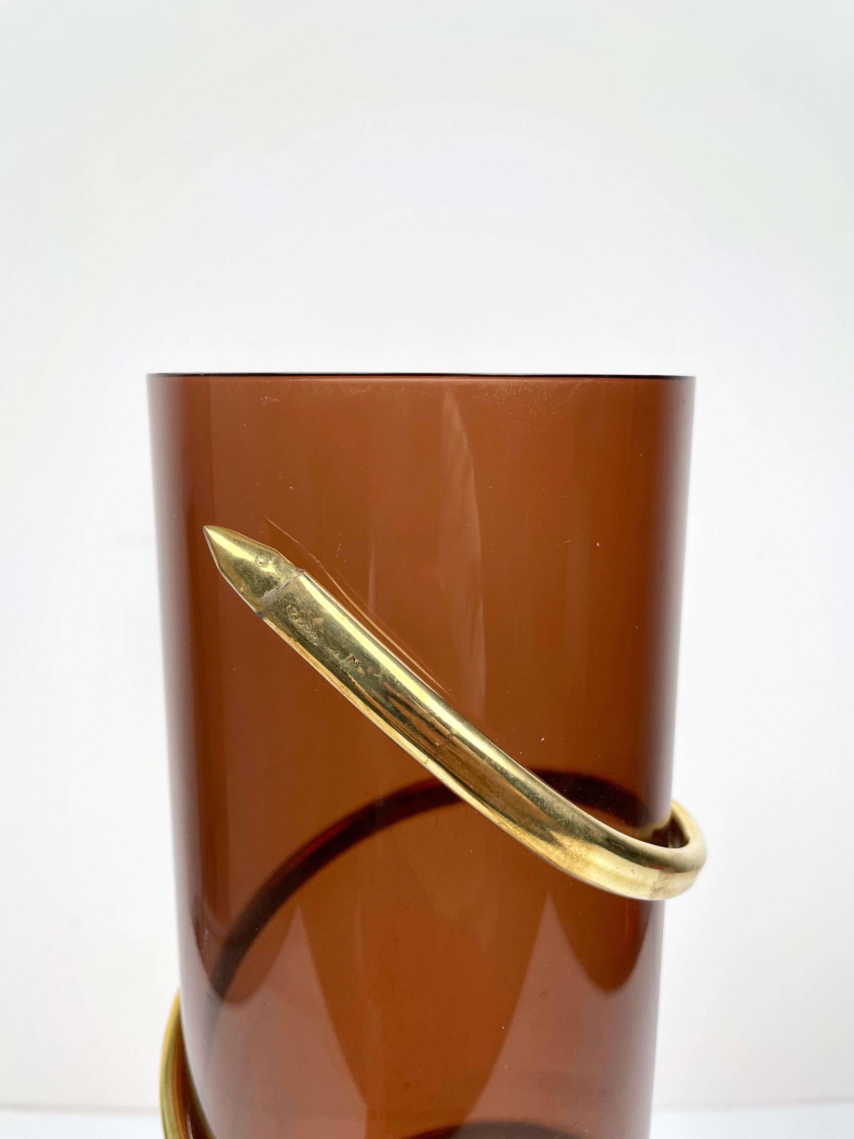 Metal Cylindric Lucite Vase with Twisted Brass Snake, Italy, 1970s For Sale