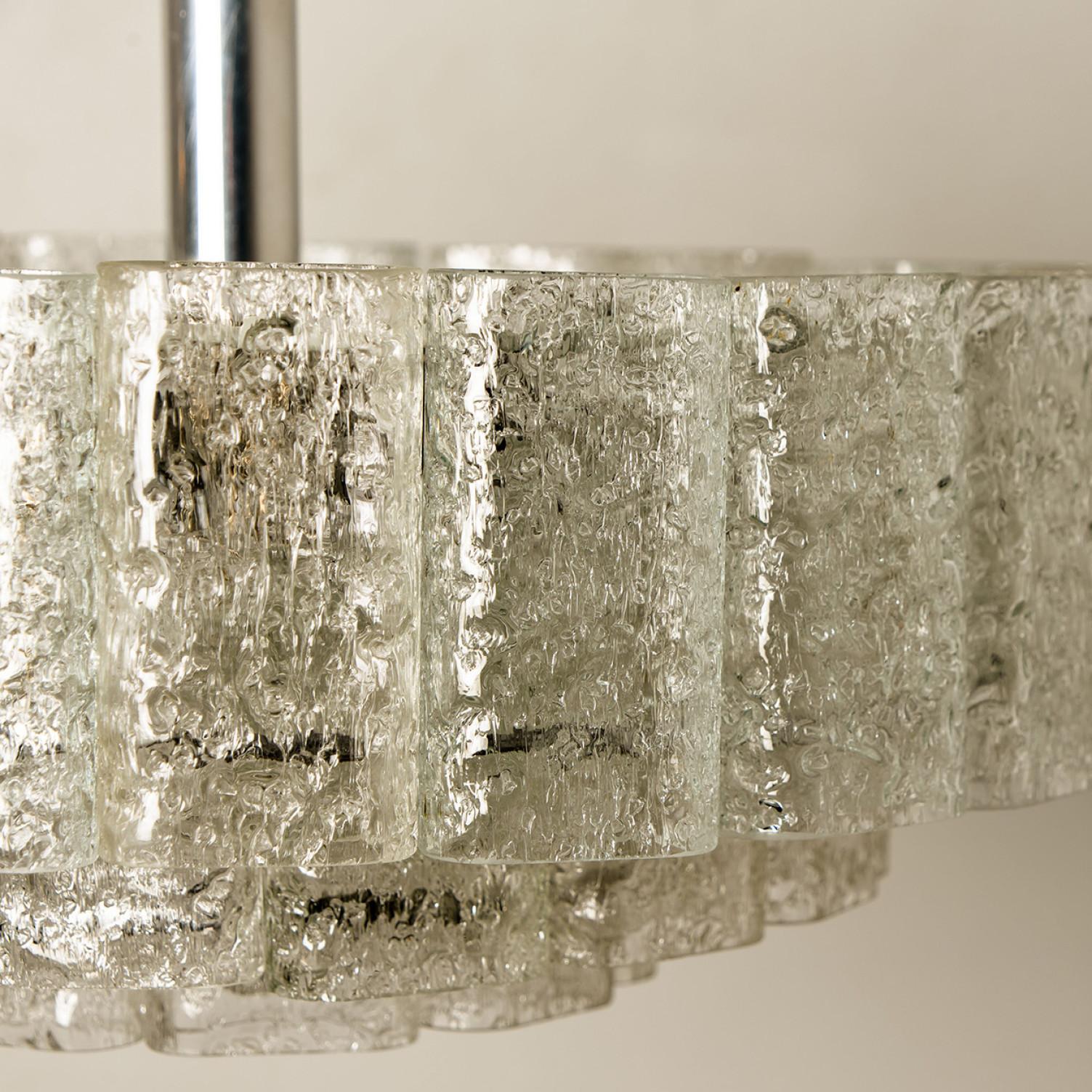 Other Cylindrical 3 Tier Ice Glass Chandelier by Doria Leuchten, 1960s For Sale