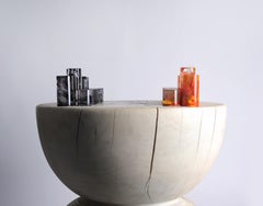 Cylindrical Art Glass Chess and Wood Lathed Table