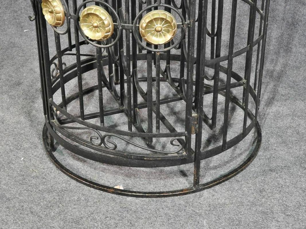 Cylindrical Black Wrought Iron Italian Bronze Ornamented Wine Rack, circa 1950s In Good Condition In Swedesboro, NJ