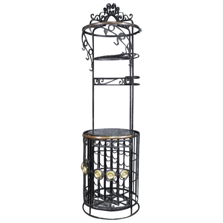 Cylindrical Black Wrought Iron Italian Bronze Ornamented Wine Rack, circa 1950s at 1stDibs