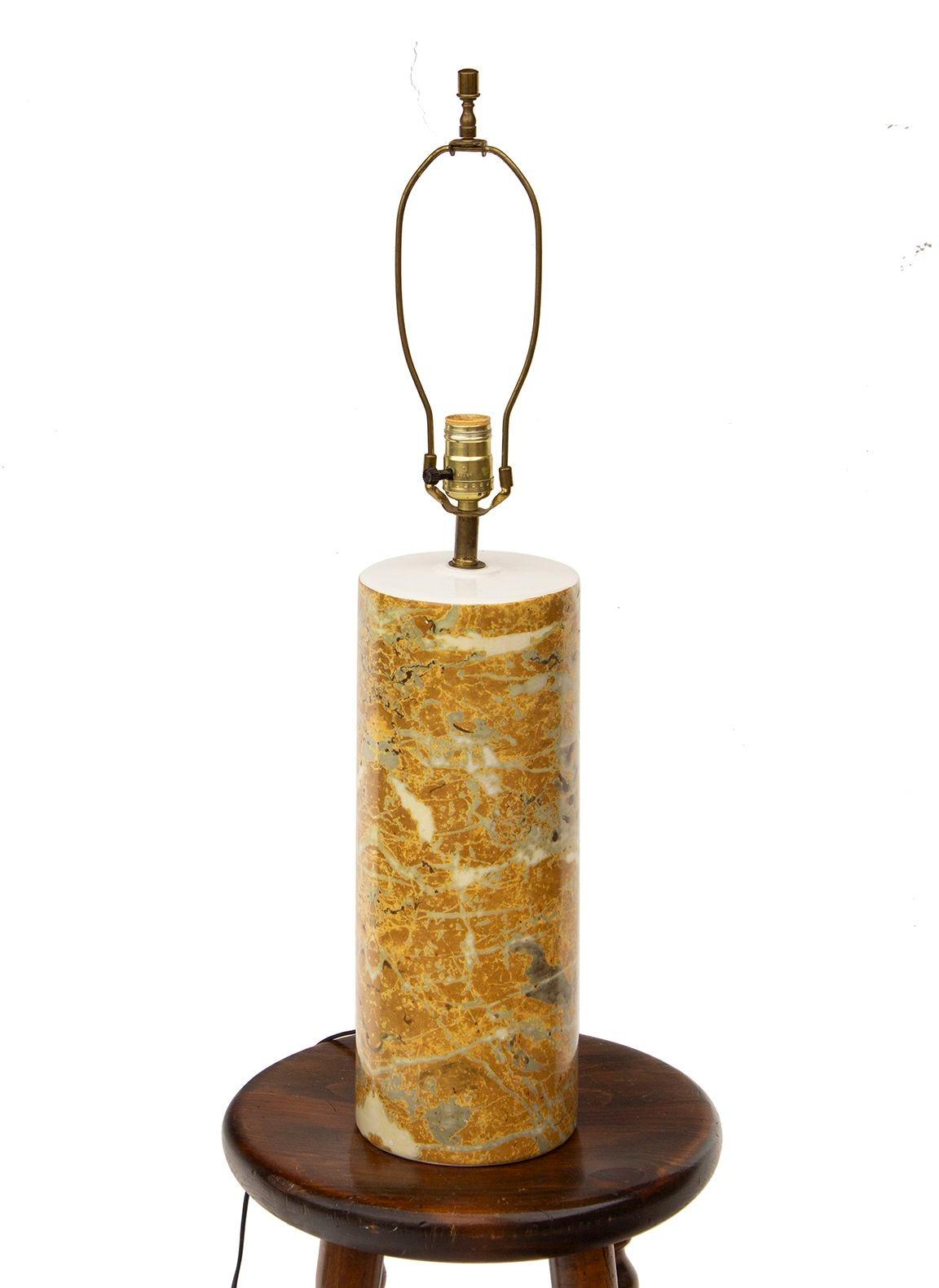 Mid-Century Modern Cylindrical Ceramic Table Lamp in Faux Marble with Tweed Shade For Sale