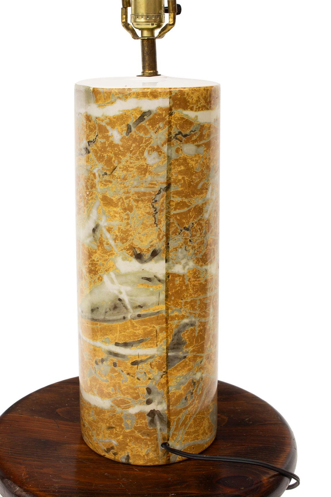 Cylindrical Ceramic Table Lamp in Faux Marble with Tweed Shade In Good Condition For Sale In Grand Rapids, MI