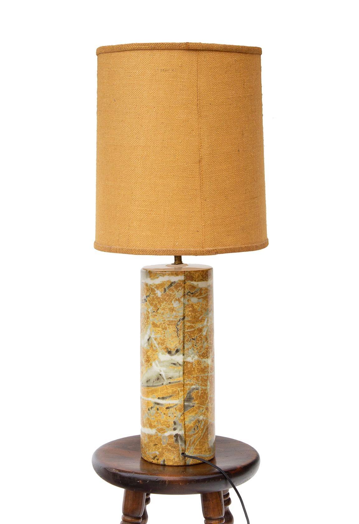 Late 20th Century Cylindrical Ceramic Table Lamp in Faux Marble with Tweed Shade For Sale