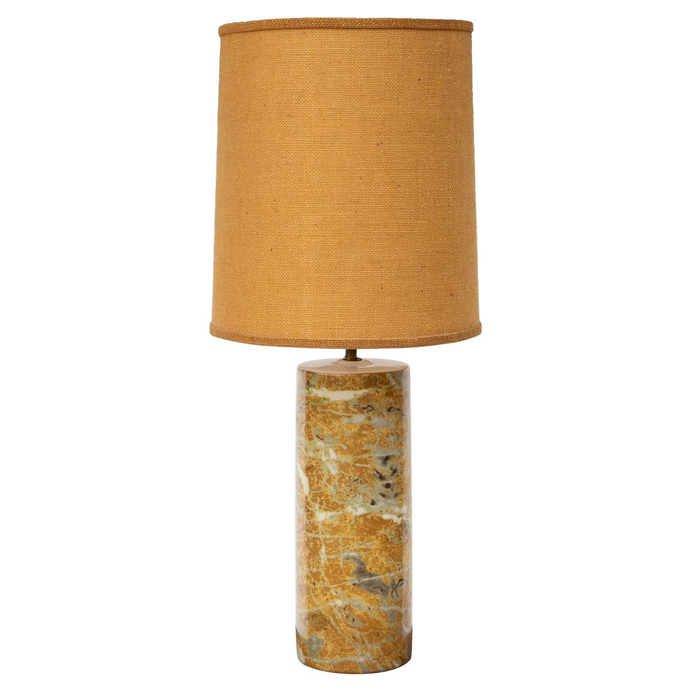 Cylindrical Ceramic Table Lamp in Faux Marble with Tweed Shade For Sale