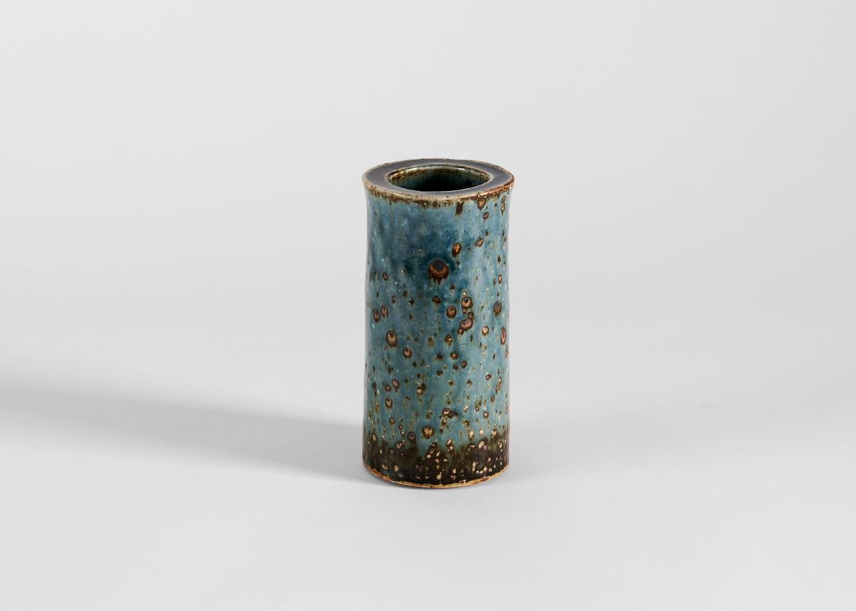 Glazed Cylindrical Ceramic Vase in Blue, Marianne Westman for Rorstrand, Sweden, 1960s For Sale