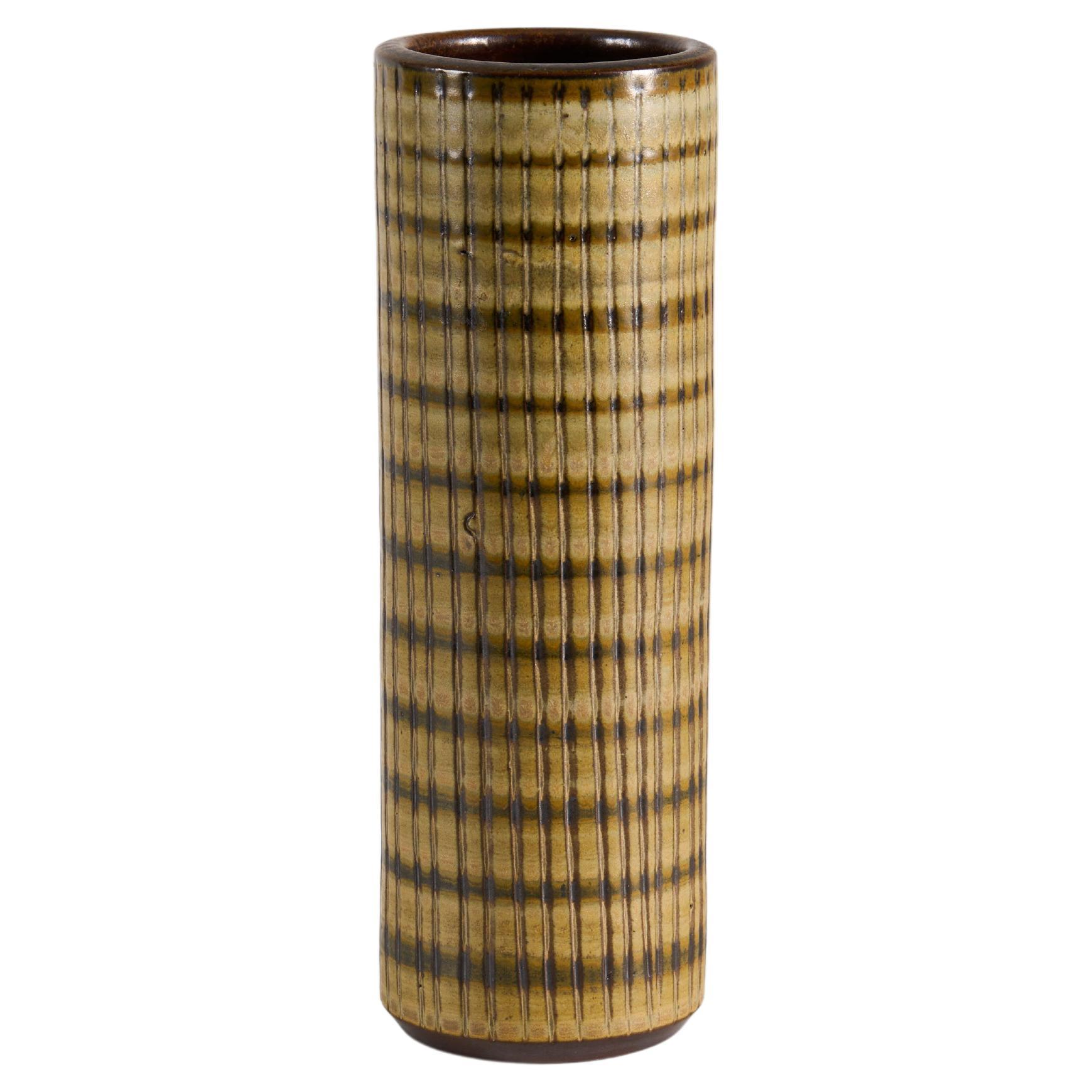 Vase cylindrique en céramique à glaçure de couleur terre, Wallkra, Suède, années 1960