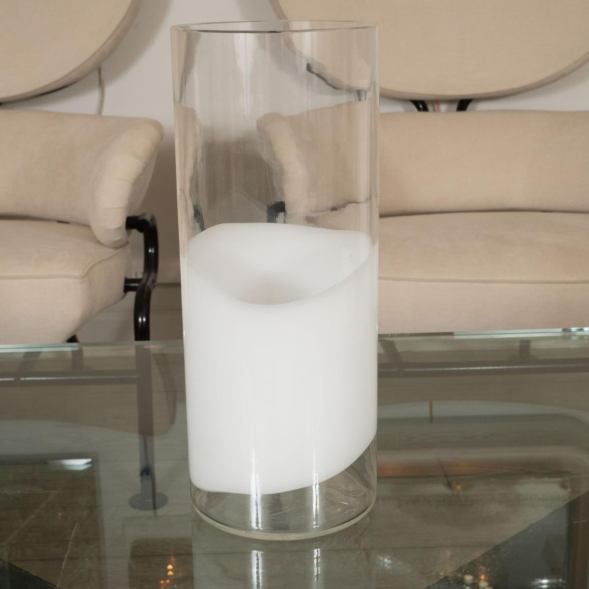 Cylindrical lattimo Murano glass vase.