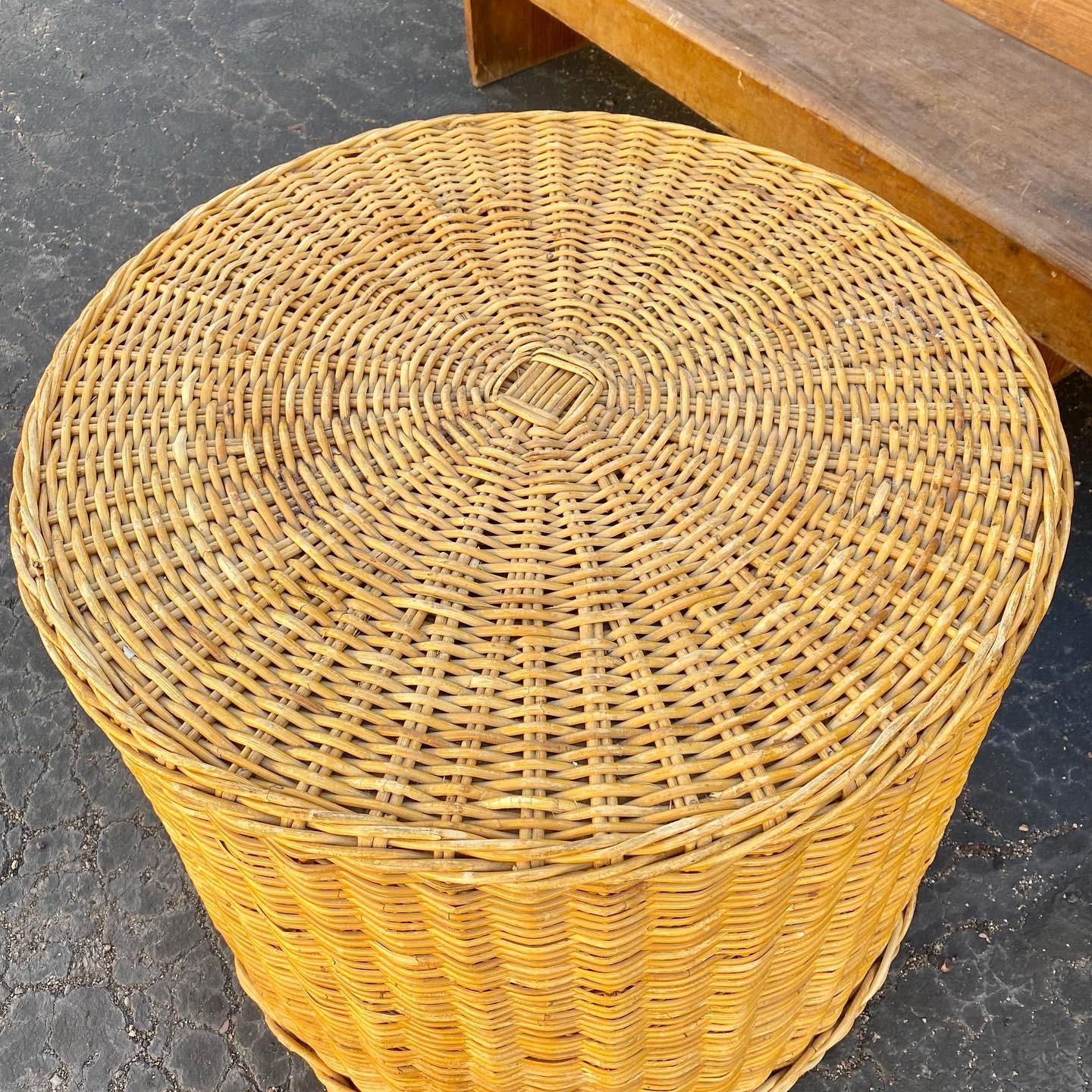 Hand-Crafted Cylindrical Coastal Braided Rattan Large Side Table or Petite Cocktail Table For Sale