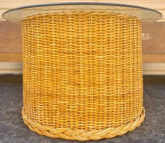 Vintage Cylindrical Coastal Braided Rattan Large Side Table or Petite Cocktail Table