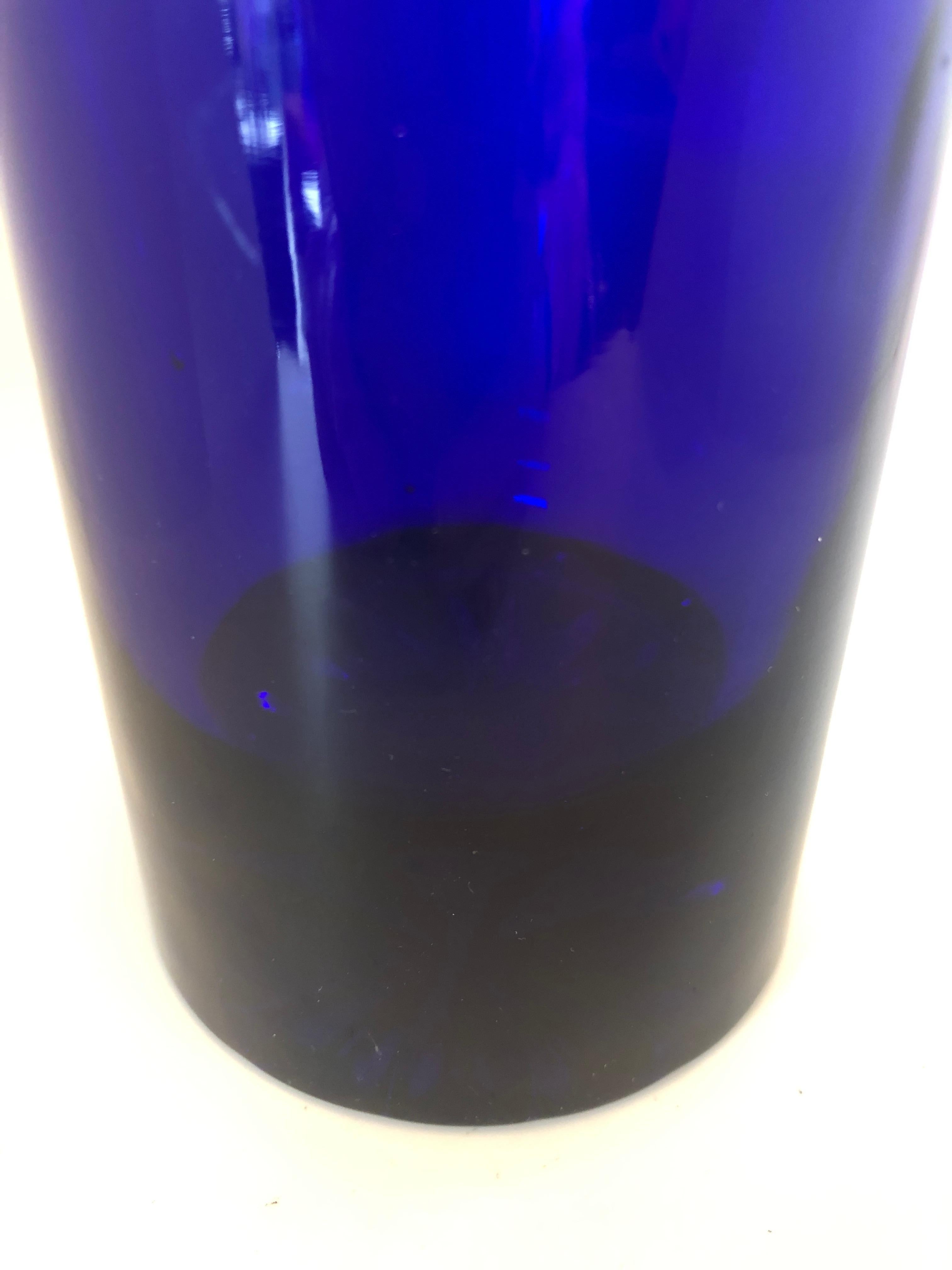 Cylindrical Cobalt Blue Cast Glass Decanter with Large Ball Stopper 1