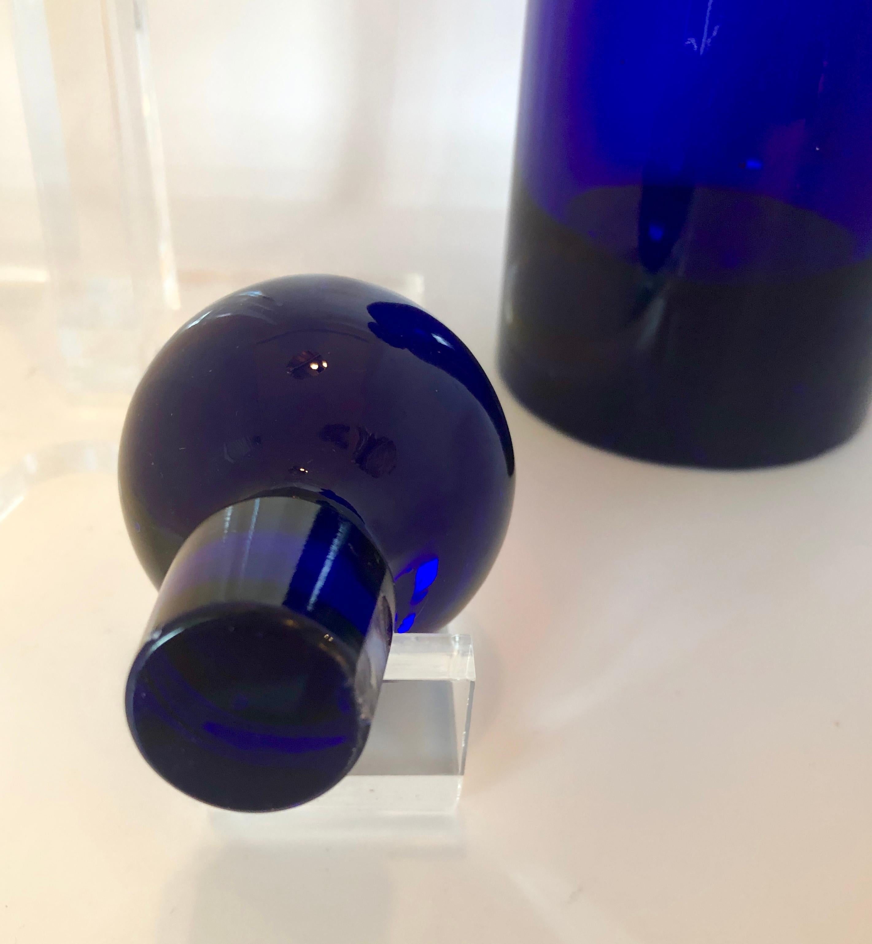 Cylindrical Cobalt Blue Cast Glass Decanter with Large Ball Stopper 6