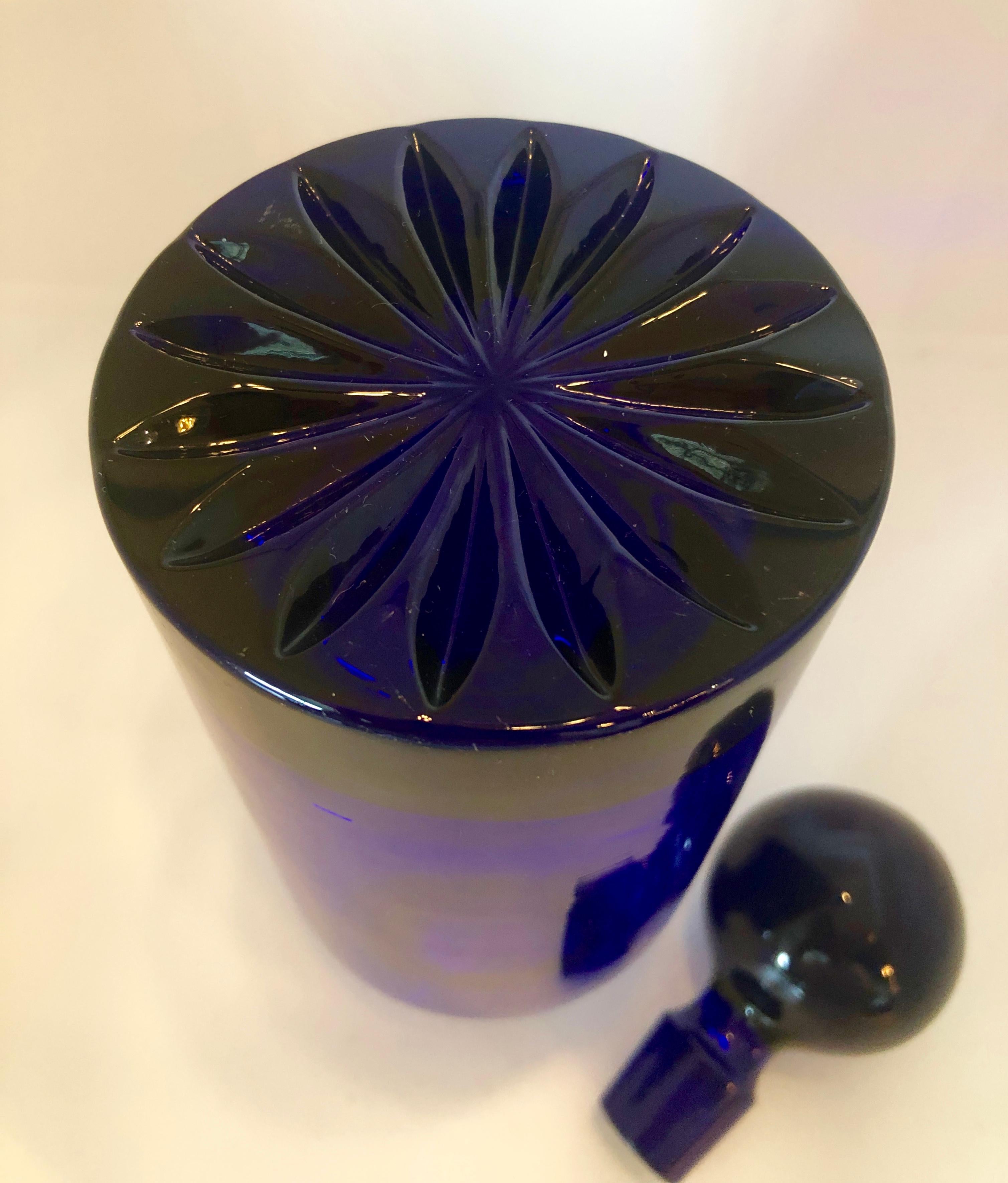 Cylindrical Cobalt Blue Cast Glass Decanter with Large Ball Stopper 10