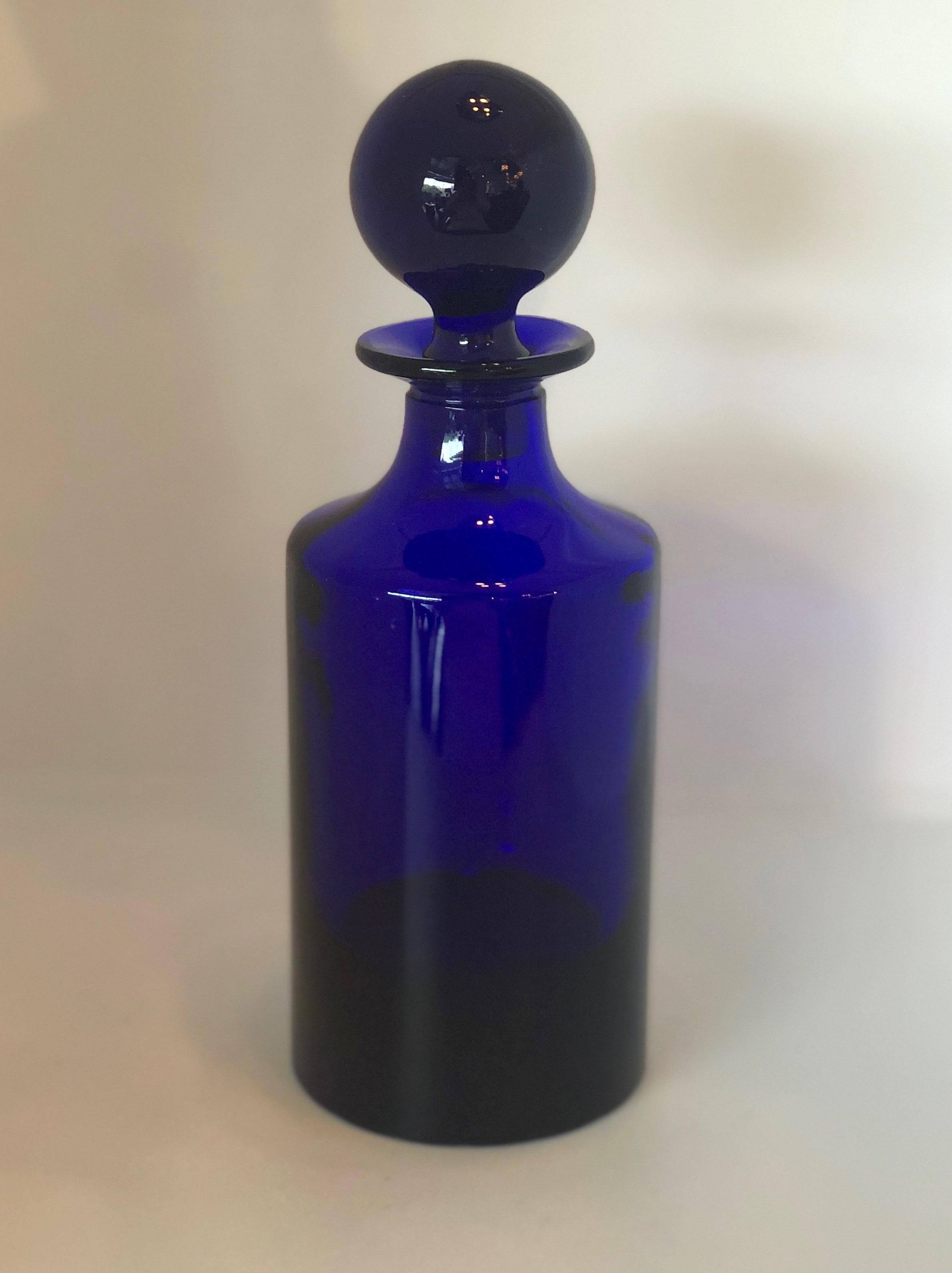 Cylindrical Cobalt Blue Cast Glass Decanter With Large Ball Stopper At 1stdibs Cobalt Blue