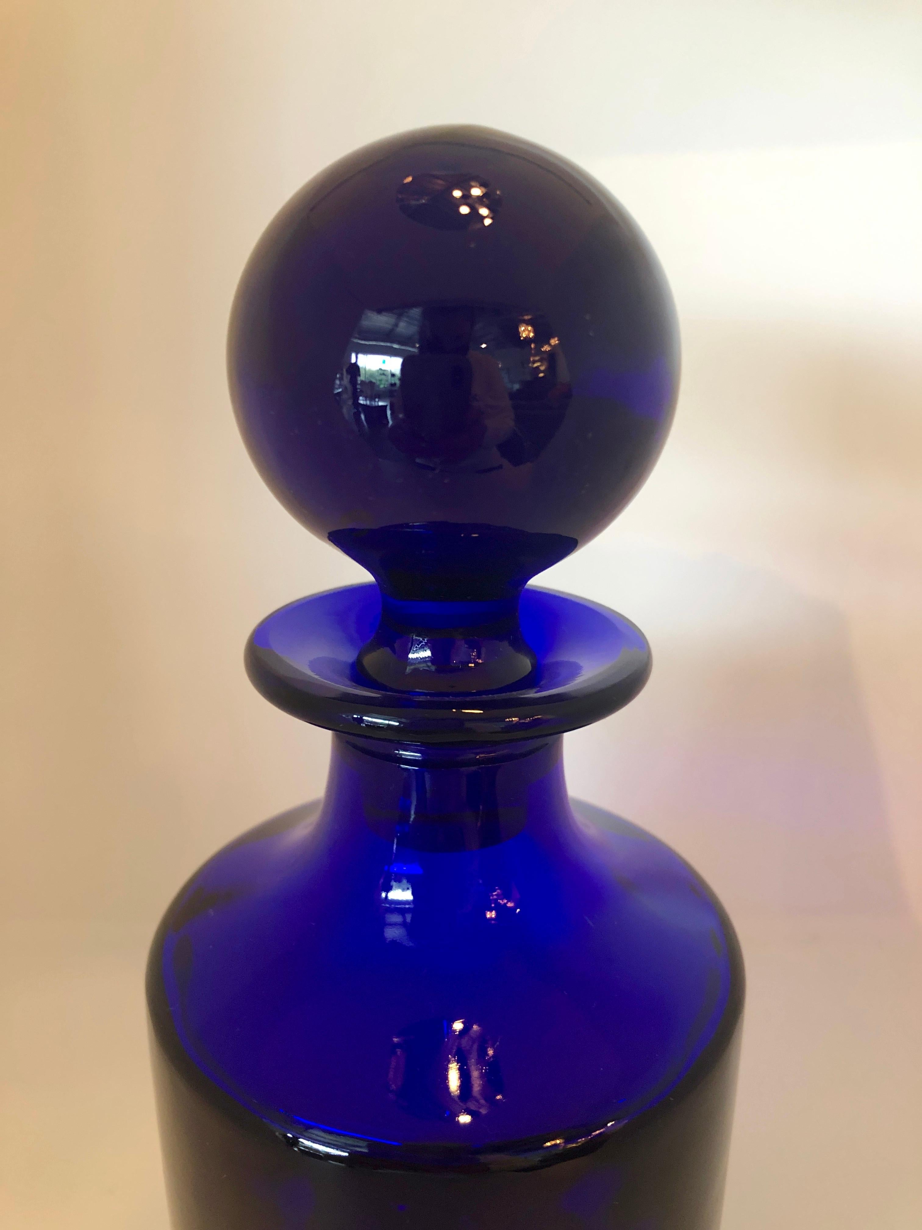 Mid-Century Modern Cylindrical Cobalt Blue Cast Glass Decanter with Large Ball Stopper