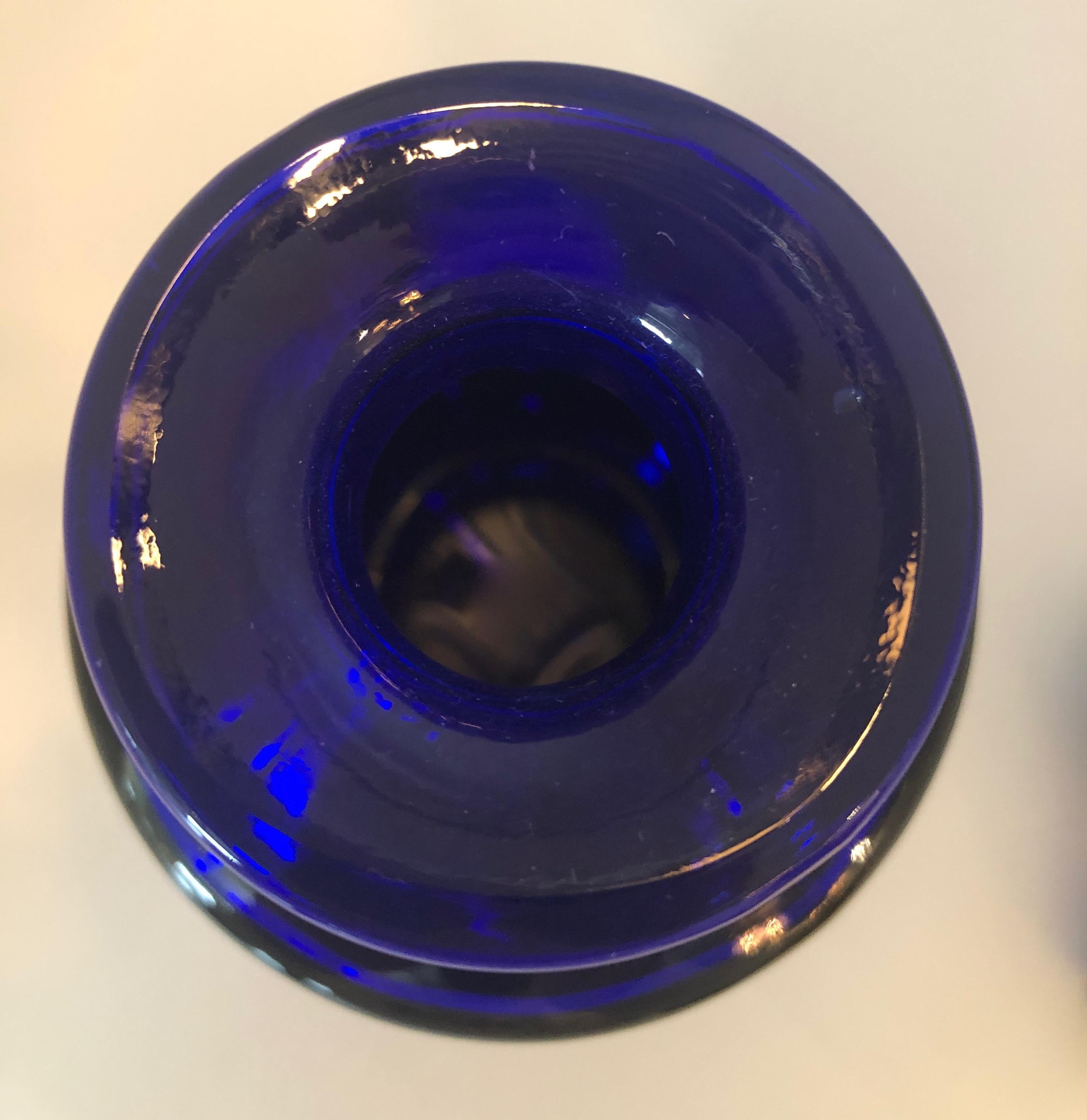 American Cylindrical Cobalt Blue Cast Glass Decanter with Large Ball Stopper