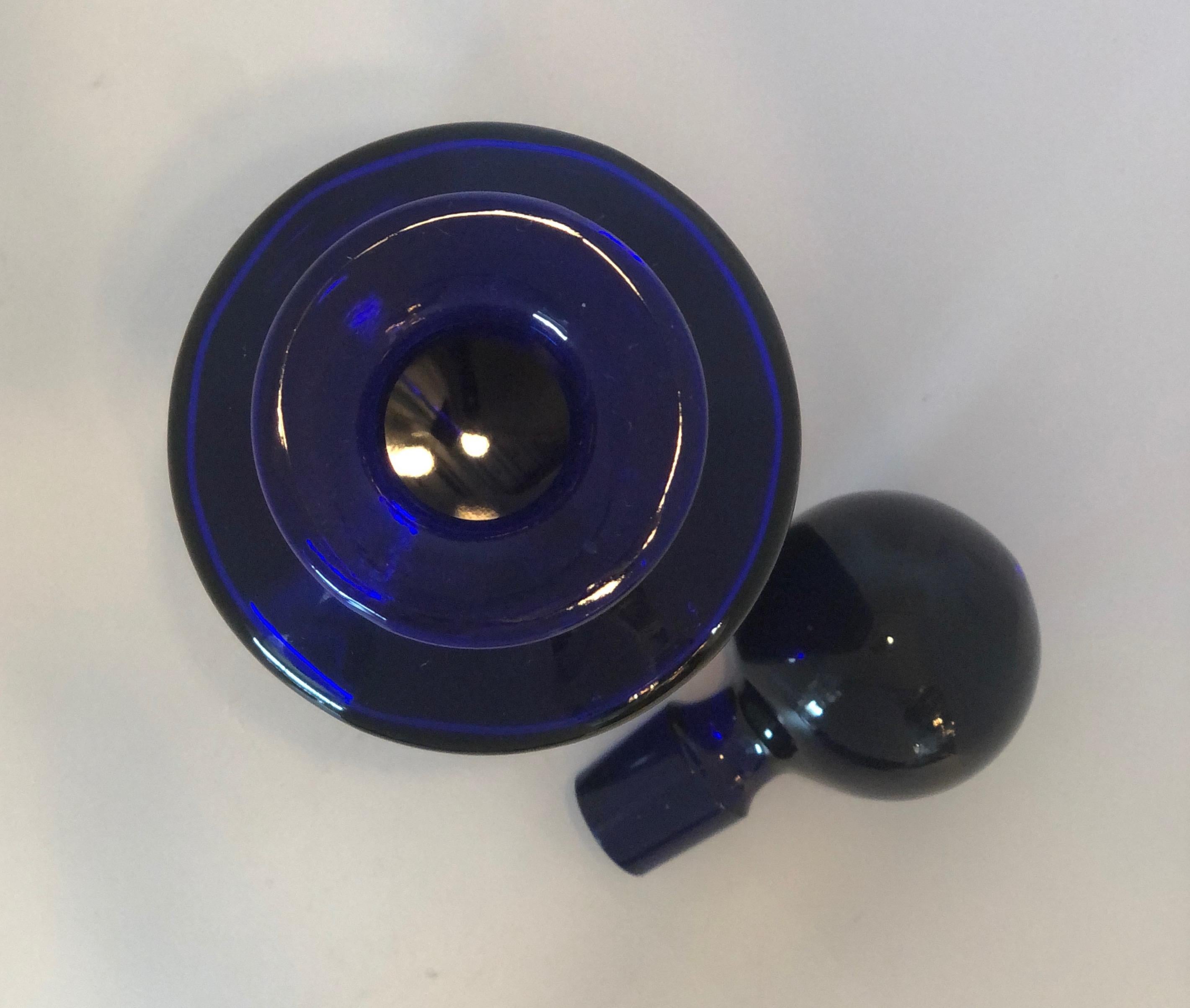 Cylindrical Cobalt Blue Cast Glass Decanter with Large Ball Stopper In Good Condition In Houston, TX