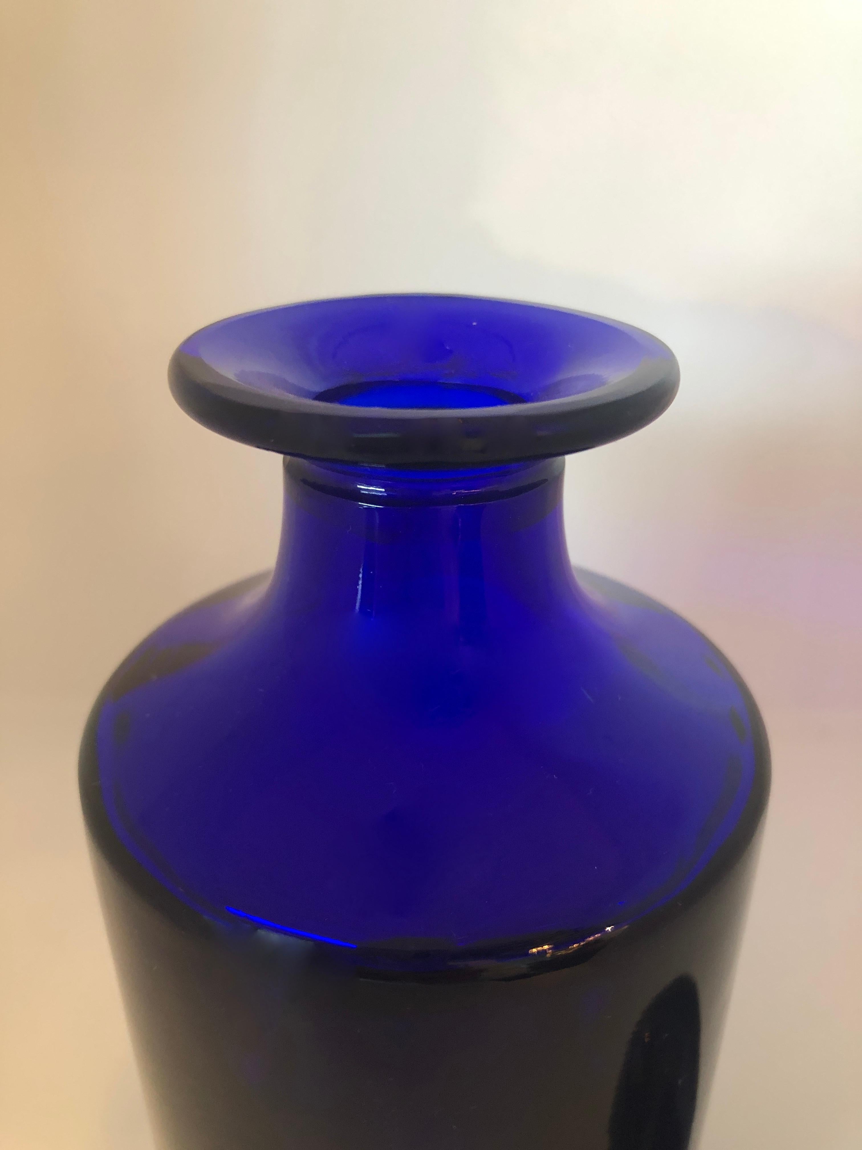 20th Century Cylindrical Cobalt Blue Cast Glass Decanter with Large Ball Stopper