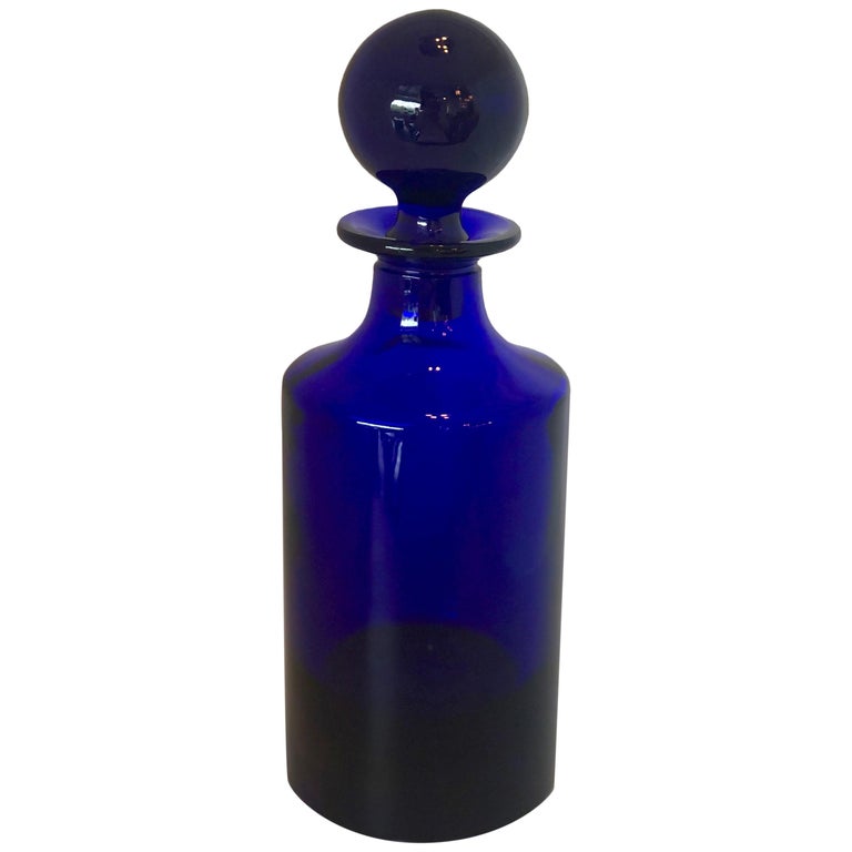 Cylindrical Cobalt Blue Cast Glass Decanter with Large Ball Stopper at