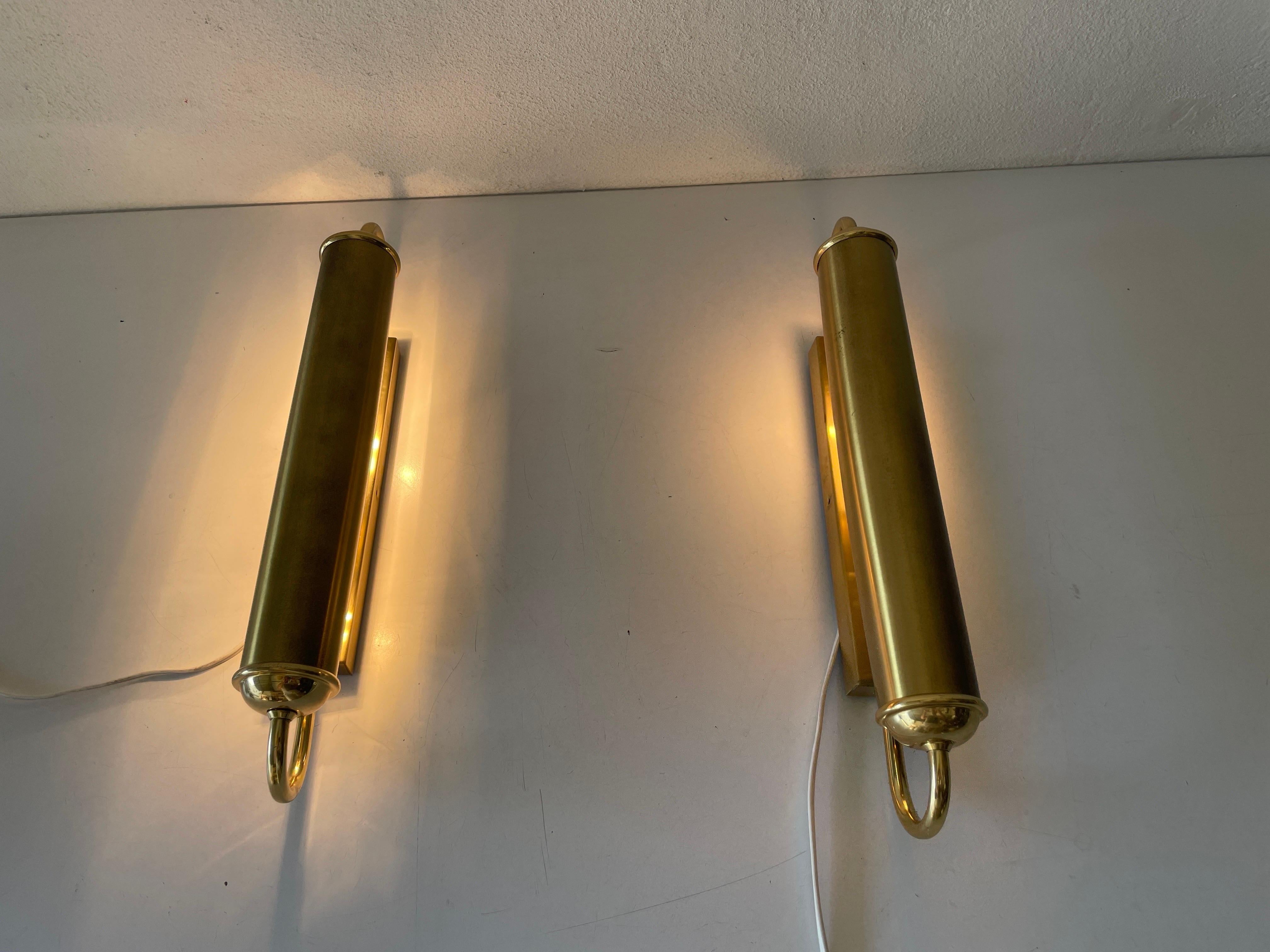 Cylindrical Design Art Deco Style Brass Pair of Sconces, 1960s, Germany 4