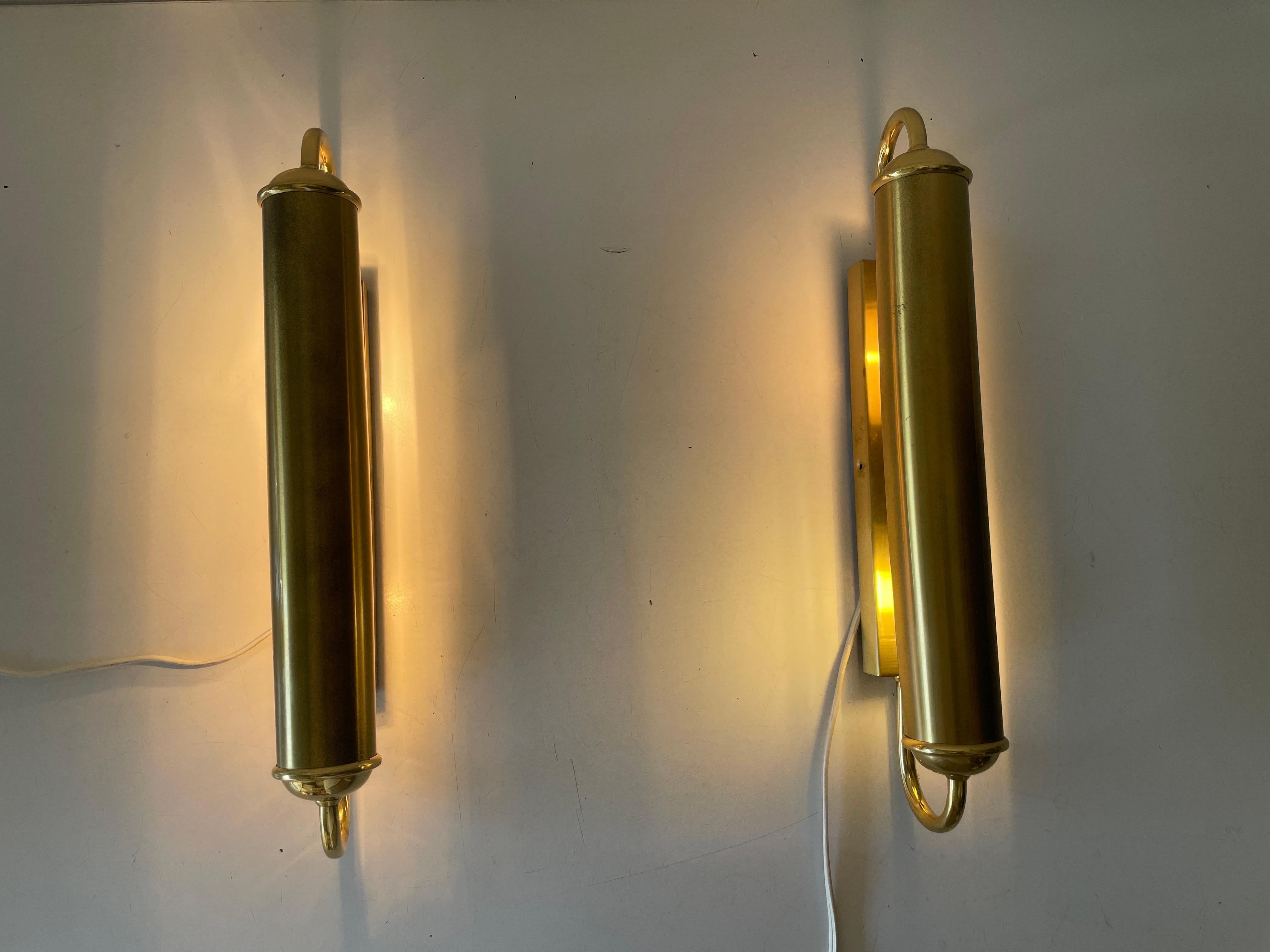Cylindrical Design Art Deco Style Brass Pair of Sconces, 1960s, Germany 5