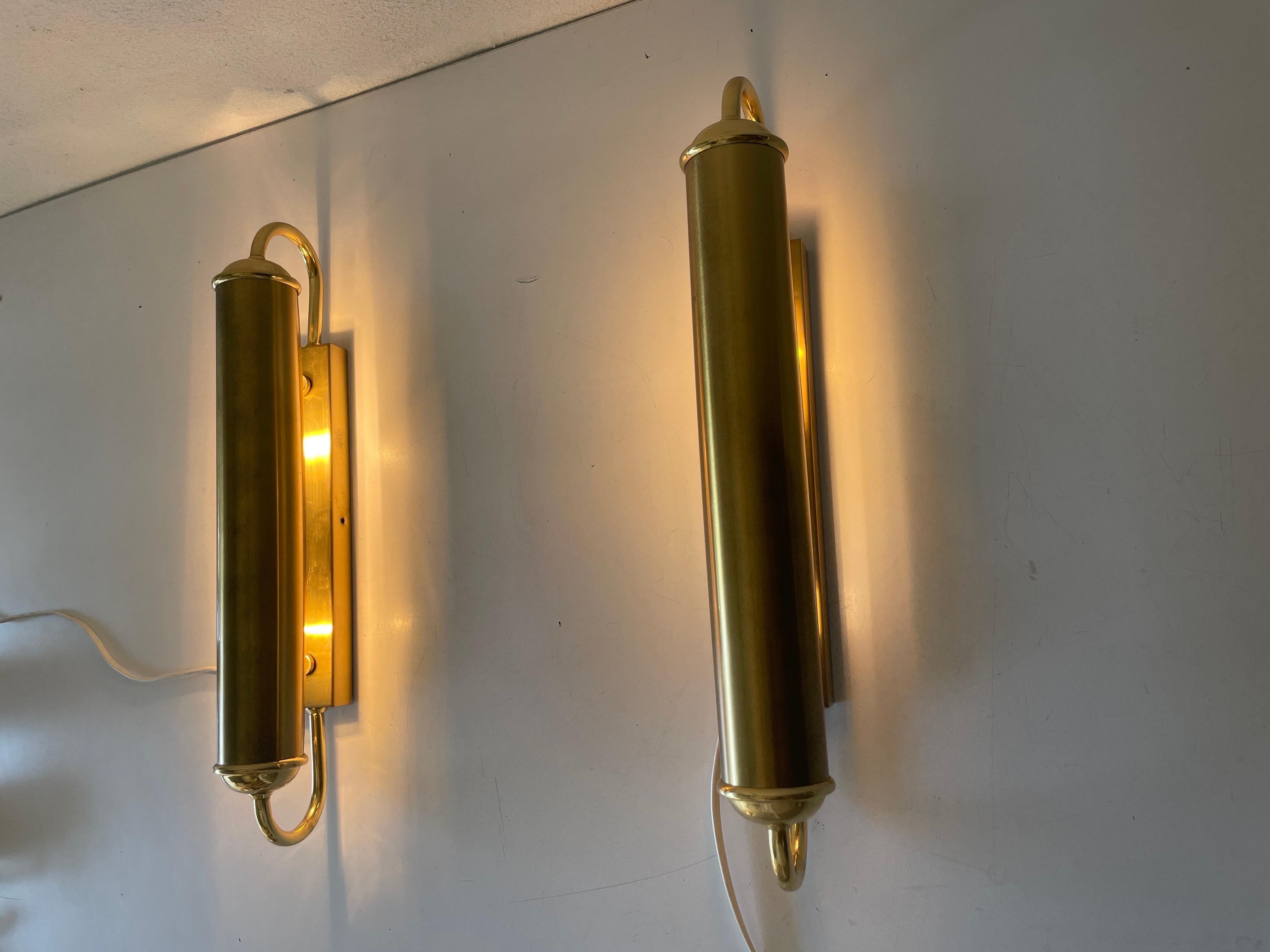 Cylindrical Design Art Deco Style Brass Pair of Sconces, 1960s, Germany 6