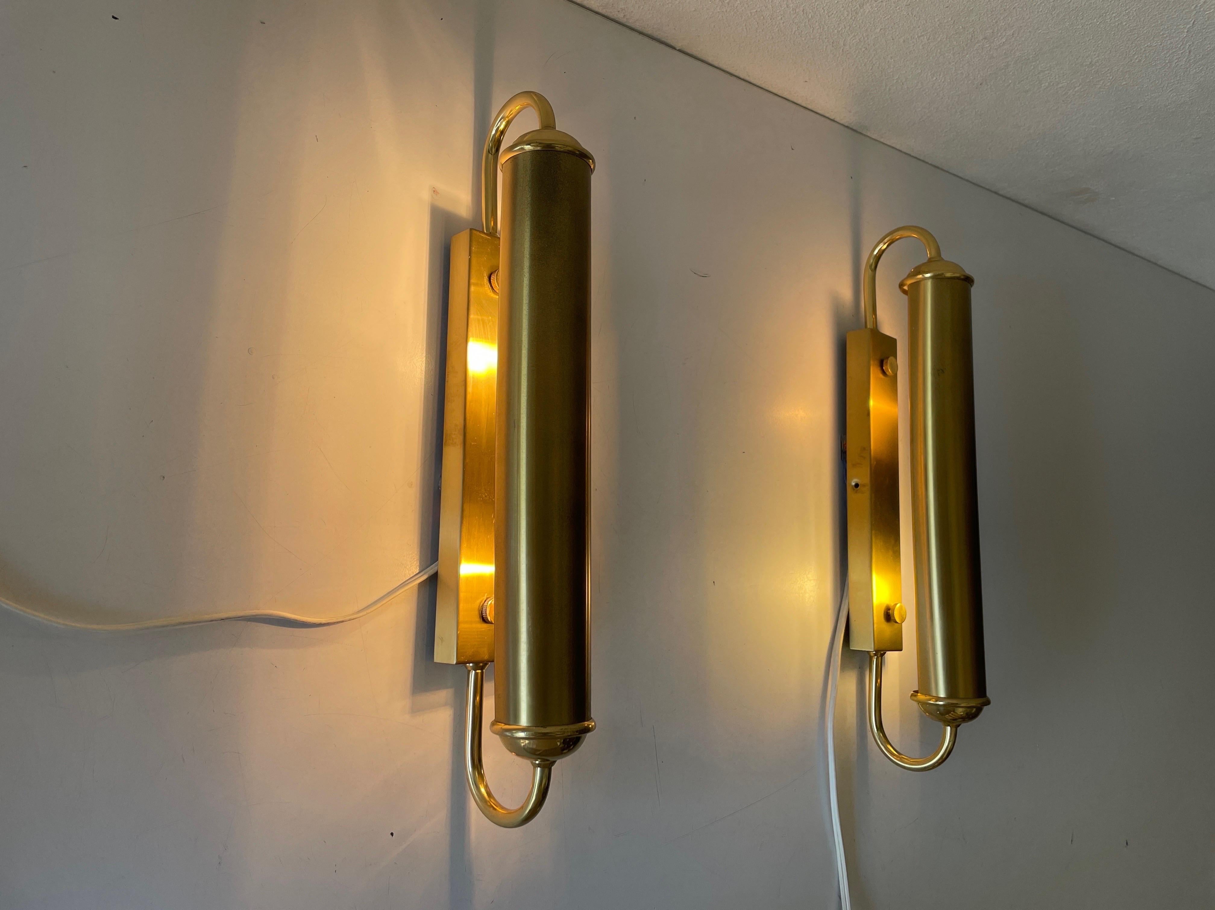 Cylindrical Design Art Deco Style Brass Pair of Sconces, 1960s, Germany 7