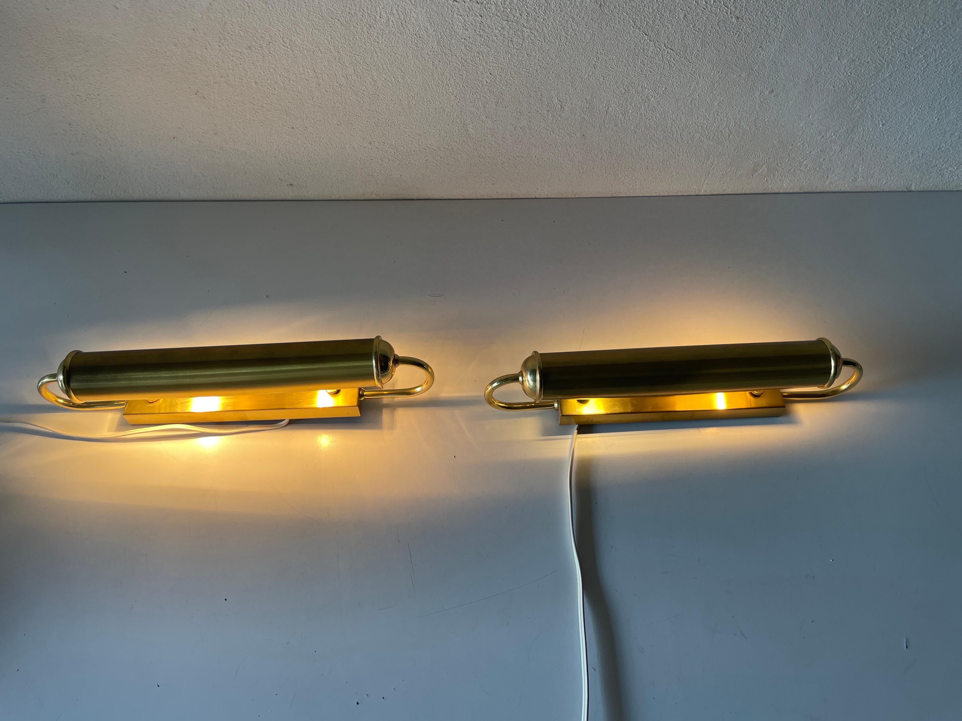 Cylindrical Design Art Deco Style Brass Pair of Sconces, 1960s, Germany 10